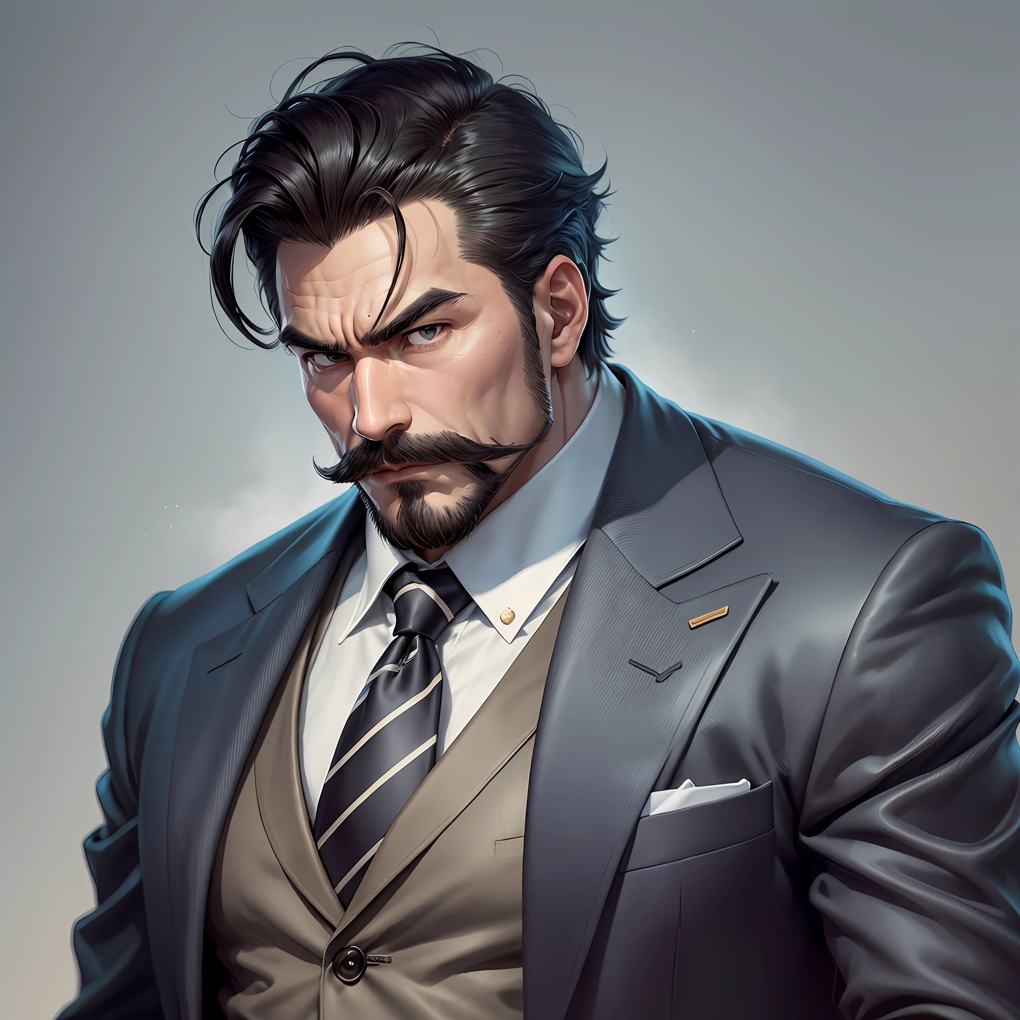 Character: A strong and confident man with a movie-style appearance.
Face: He has a square jawline, a well-groomed mustache, and a determined expression.
Hair: He has a buzz cut hairstyle.
Clothing: He is wearing a sleek and stylish suit, exuding elegance and sophistication.
Style: The artwork should reflect the style of Hayao Miyazaki, known for his enchanting and magical animations.
Prompt: (style: Hayao Miyazaki) (character: strong man with a square jawline and a well-groomed mustache, wearing a sleek suit)