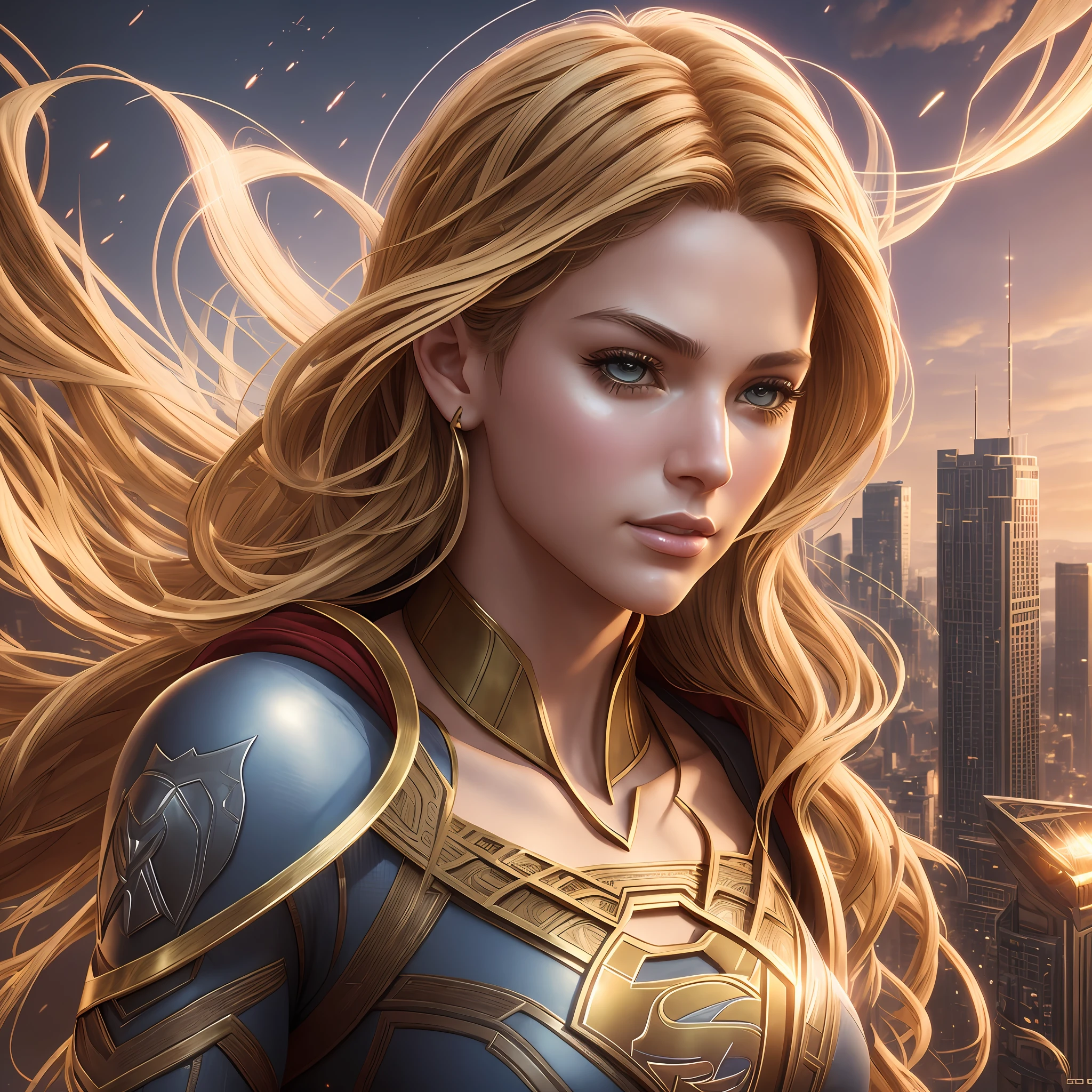Supergirl, above the city, preparing for battle, detailed artistic photography, beautiful detailed face, dreamy, glowing, backlit, glamour, glow, shadows, oil on canvas, brush strokes, soft, ultra high definition, 8k, unreal engine 5, ultra focus sharp, artgerm, loish, sf, intricate art masterpiece, menacing, matte paint movie poster, golden ratio, trends in cgsociety, intricate, epic, highly detailed, vibrant, production cinematic character rendering, quality model ultra high --auto --s2