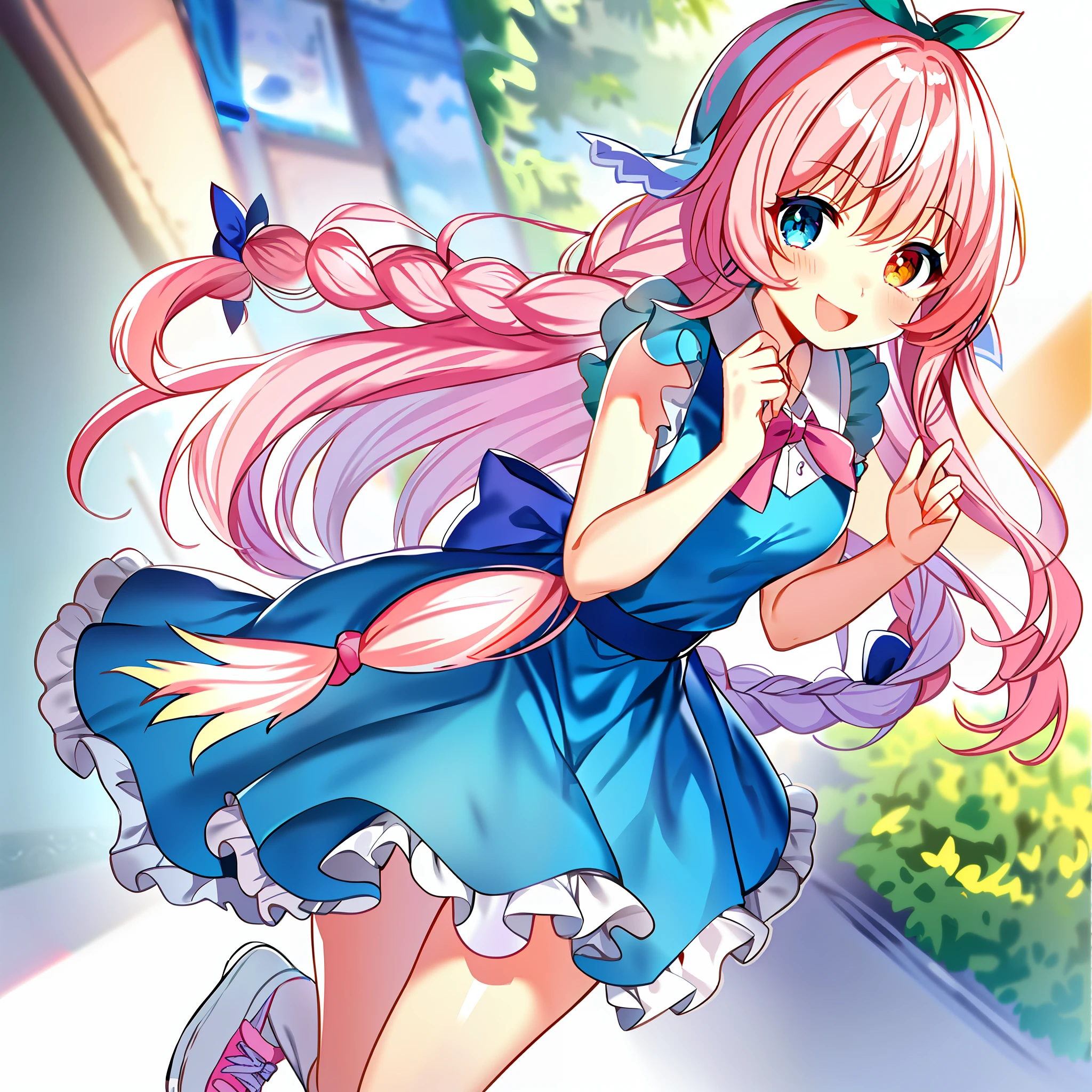 1 beautiful girl, (heterochromia, blue and green eyes: 1.8), jewel-like eyes, (pink hair, braids, long hair, hair ribbon, cute bow: 1.8)、Thin eyebrows, ((Masterpiece, super detailed, top quality, 8K, Kyoto Animation Anime Illustration)), big tits, (kawaii: 1.5), (illustration: 1.1), (chibi: 0.5), (caregiver, one cute girl, solo, standing, watch, full body, :d (makeup, cute, happy smile: 1.3), (: 1.2), (cute: 1.5), Alice style clothes, (clothes: blue dress, white apron, black hair band), (shoes: sneakers), a world of wonders