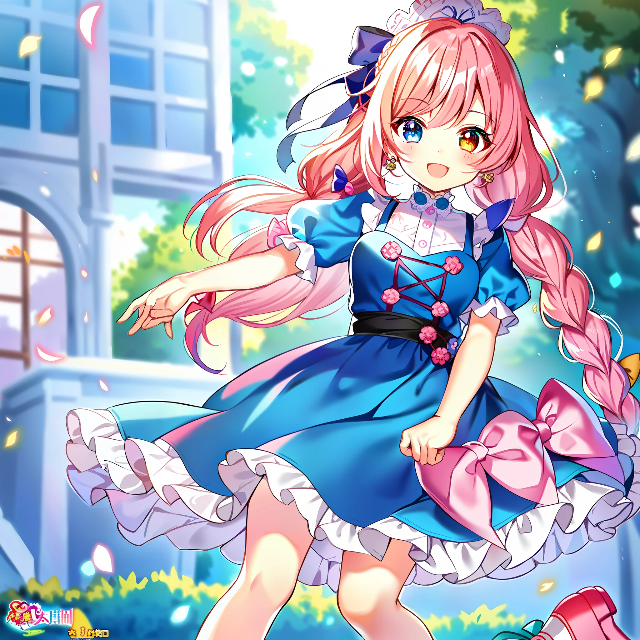 1 beautiful girl, (heterochromia, blue and green eyes: 1.8), jewel-like eyes, (pink hair, braids, long hair, hair ribbon, cute bow: 1.8)、Thin eyebrows, ((Masterpiece, super detailed, top quality, 8K, Kyoto Animation Anime Illustration)), big tits, (kawaii: 1.5), (illustration: 1.1), (chibi: 0.5), (caregiver, one cute girl, solo, standing, watch, full body, :d (makeup, cute, happy smile: 1.3), (li: 1.2), (cute: 1.5), Alice style clothes, (clothes: blue dress, white apron, black hair band), (shoes: sneakers), a world of wonders