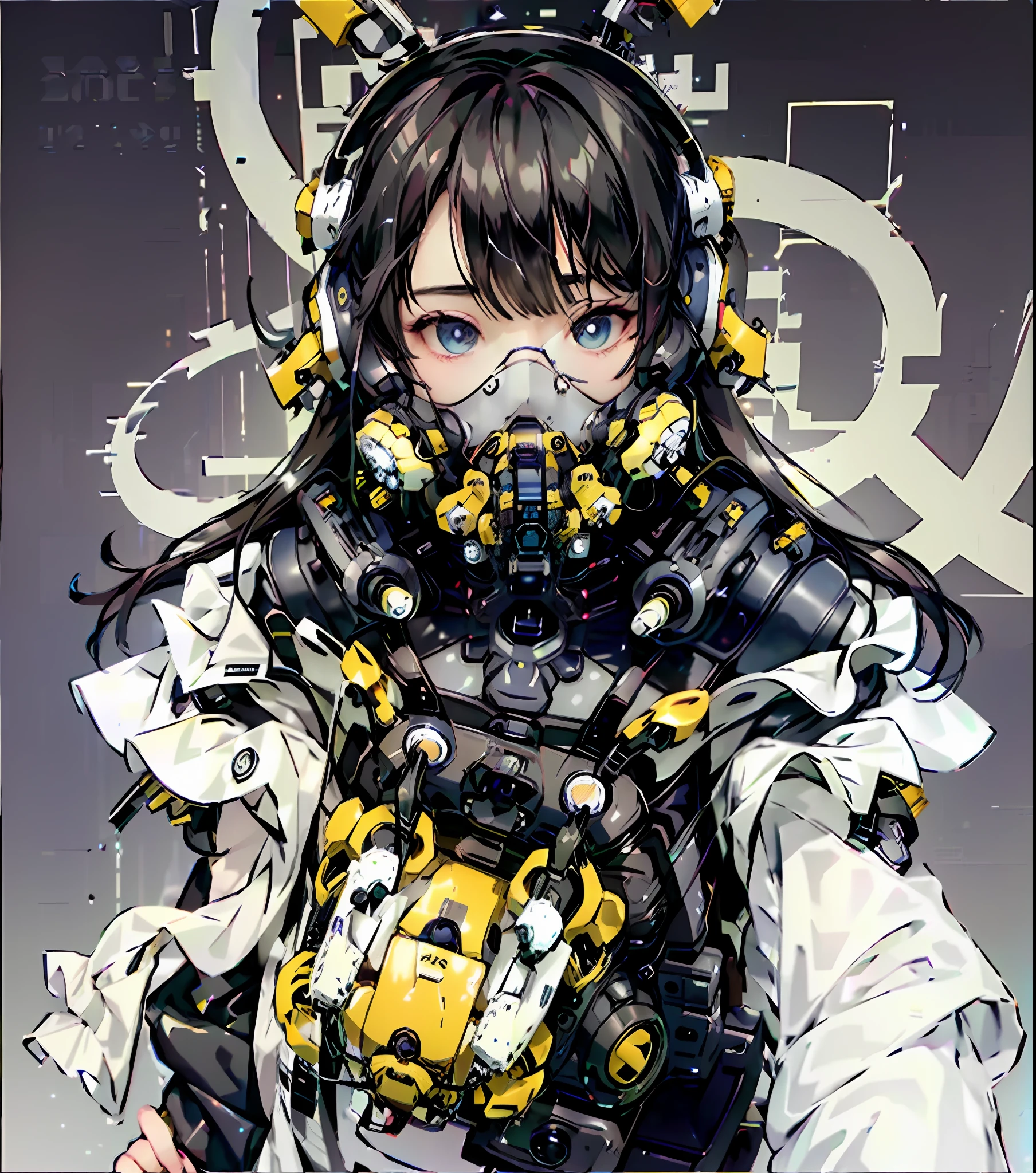 (Masterpiece, Side Light, Fine Beautiful Eyes: 1.2), Masterpiece * Portrait, Realistic, 3D Face, Glossy Skin, (Very Face Closed - Up), 1 Woman, (Wearing a Huge Cobalt Sci-Fi Technology Mask Glow Blue and Headphones with Complex Electronics), (Wearing a Shirt and Rosette), (Fluorescent Orange Braided Bun Hair), Glasses, Colorful Fantasy Smoke Filling the Surrounding Area, in the Office, Happy, UI Interface Projections of the entire system, Cyberpunk