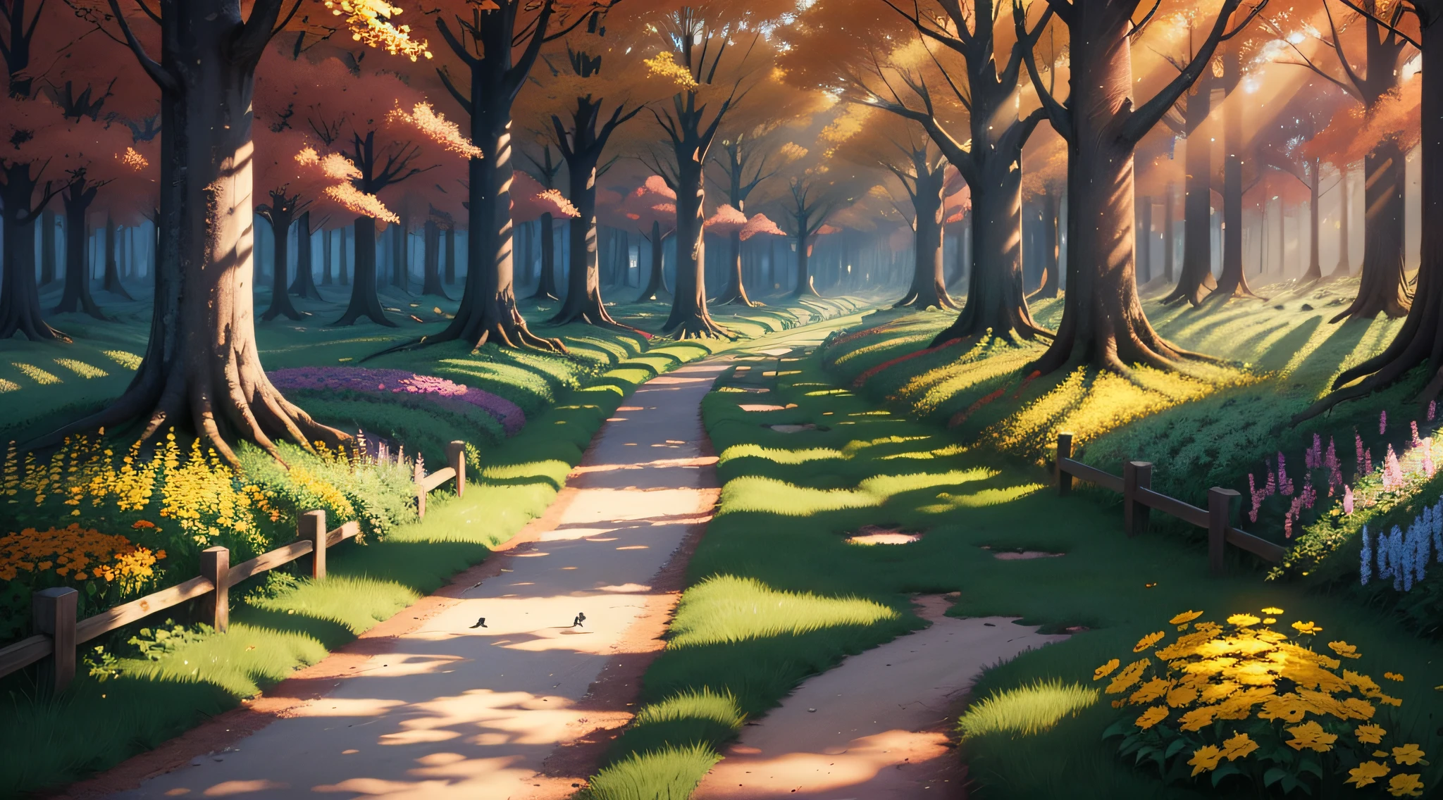 A forest with birds, sun, flower, dramatic, animated version in 2D --auto --s2