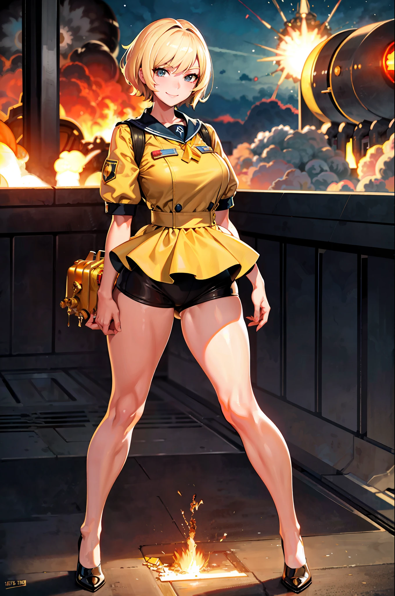 masterpiece, exquisite, high-resolution, single woman, blonde, short-haired, pretty face, good style, high school girl, city, america, (((nuclear explosion))), steam explosion, smile, smile, detailed hands, detailed legs, angle from a distance 16k,