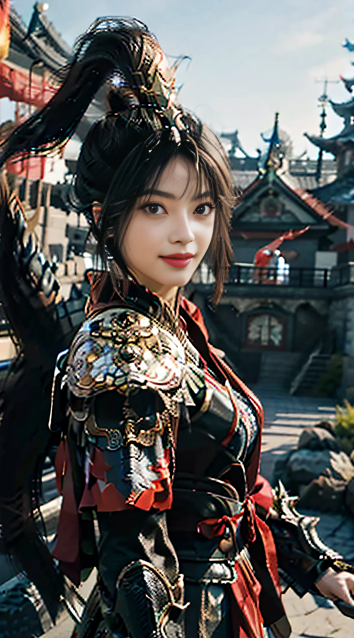 (RAW Photo, Best Quality), (Realistic, Photorealistic True: 1.3), Best Quality, Highly Detailed, Masterpiece, Hyperdetail, Illustration, 1 Girl, Big Eyes, Smile, Black Hair, Red Armor, Feather Headdress, Wielding a Sword, upper_body, Dynamic Angle, World Mastery Theatre, Flying Long hair, Fluores cent red, White Feather Falling Background, Best Quality, Extremely detailed CG unified 8k wallpapers, ink, amazing, movie lights, lens_flare, wuxia_style