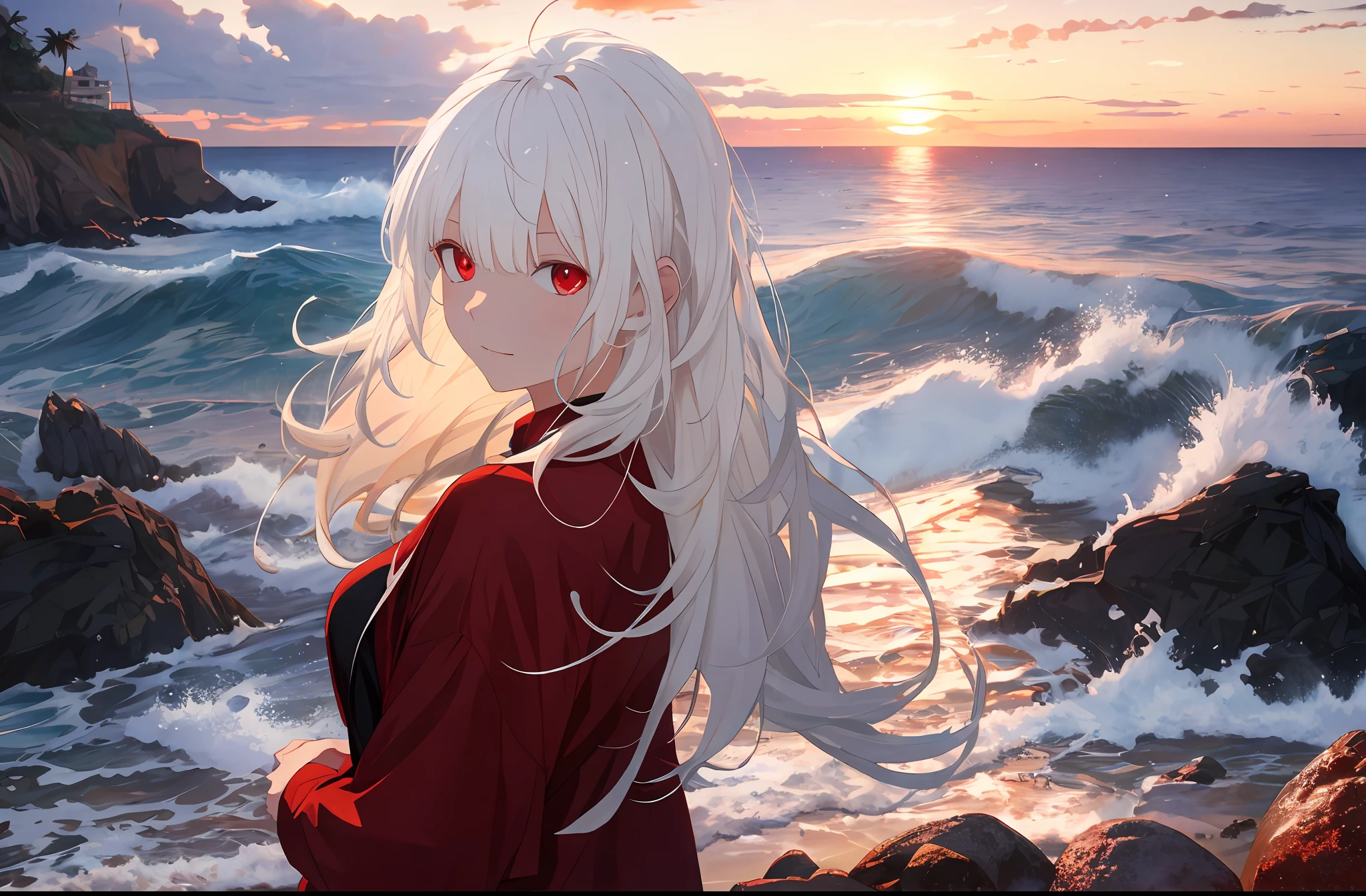 (masterpiece), best quality, white hair, red eyes, seaside, waves, water, rocks, sunset, sand, gentle breeze.