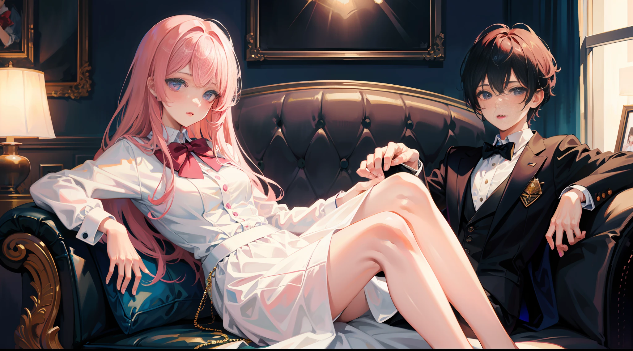 masterpiece, best quality, super detailed, illustration, beautiful detailed eyes, looking at the viewer, close up, a girl and a boy on the sofa, girl pink hair white dress, boy black hair white suit suit