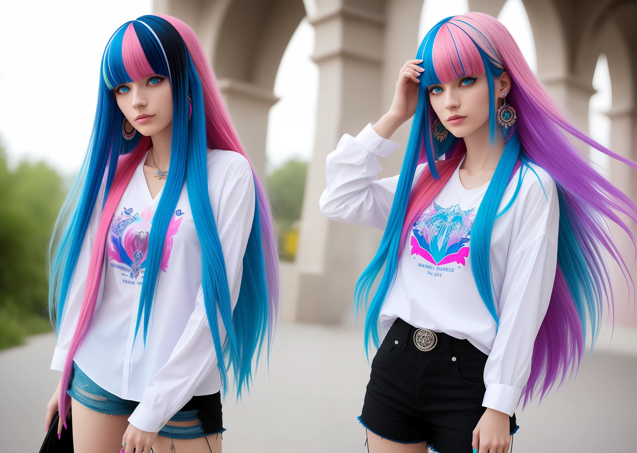 eida, long hair, bangs, blue eyes, very long hair, blue hair, pink hair, multicolored hair, earrings, blunt bangs, two-tone hair, streaked hair, hair of two colors, masterpiece, detailed face, beautiful face, long hair, looking at viewer, bangs, blue eyes, shirt, long sleeves, jewelry, very long hair, blue hair, full body, white shirt, pink hair, multicolored hair, earrings, boots, shorts, blunt bangs, star, nail polish, black footwear, high heels, streaked hair, black shorts, border, ring, high heel boots,dynamic pose, dynamic angle, fashion,best quality, masterpiece, intricate details, tonemapping, sharp focus, hyper detailed