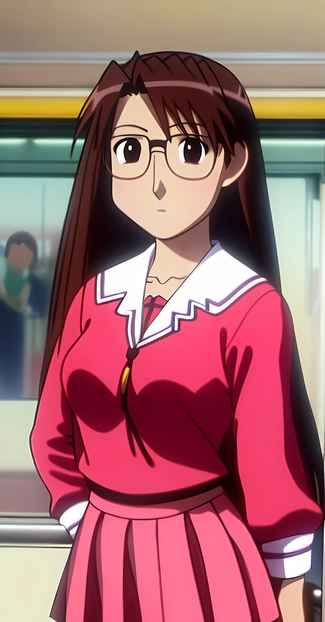 Koyomi Mizuhara, long brunette hair, glasses eyes,  ears, nose, mouth, Big breasts, medium ass, pink red school sailor top, and brown skirt, black stockings, brown slack shoes, white underwear, white bra strap underneath, train, chikan, holding to the pole, train ride