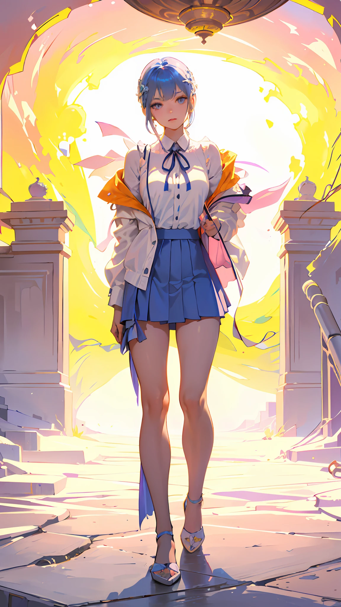 (detailed beautiful eyes and detailed face, masterpiece side light, masterpiece, best quality, detailed, high resolution illustration), (1 girl, beautiful girl, shiny skin, looking down, looking at viewer), (sky blue colored hair, pink eyes, skirt, ribbon, button-down shirt)（Sideways body, hand covering mouth,, surprised expression）（45-degree downward viewing angle）