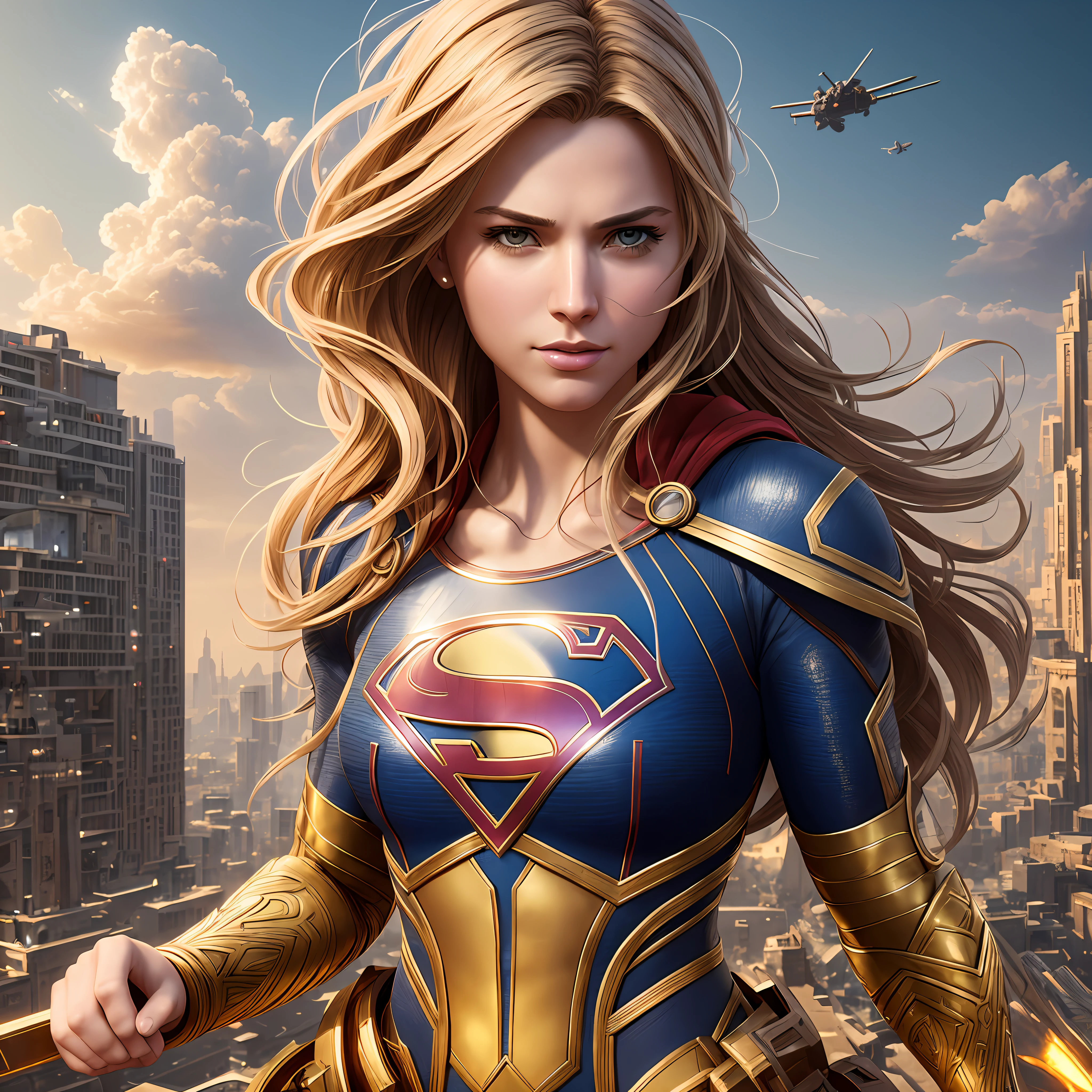 Supergirl, above the city, preparing for battle, detailed artistic photography, beautiful detailed face, dreamy, glowing, backlit, glamour, glow, shadows, oil on canvas, brush strokes, soft, ultra high definition, 8k, unreal engine 5, ultra focus sharp, artgerm, loish, sf, intricate art masterpiece, menacing, matte paint movie poster, golden ratio, trends in cgsociety, intricate, epic, highly detailed, vibrant, production cinematic character rendering, quality model ultra high --auto --s2