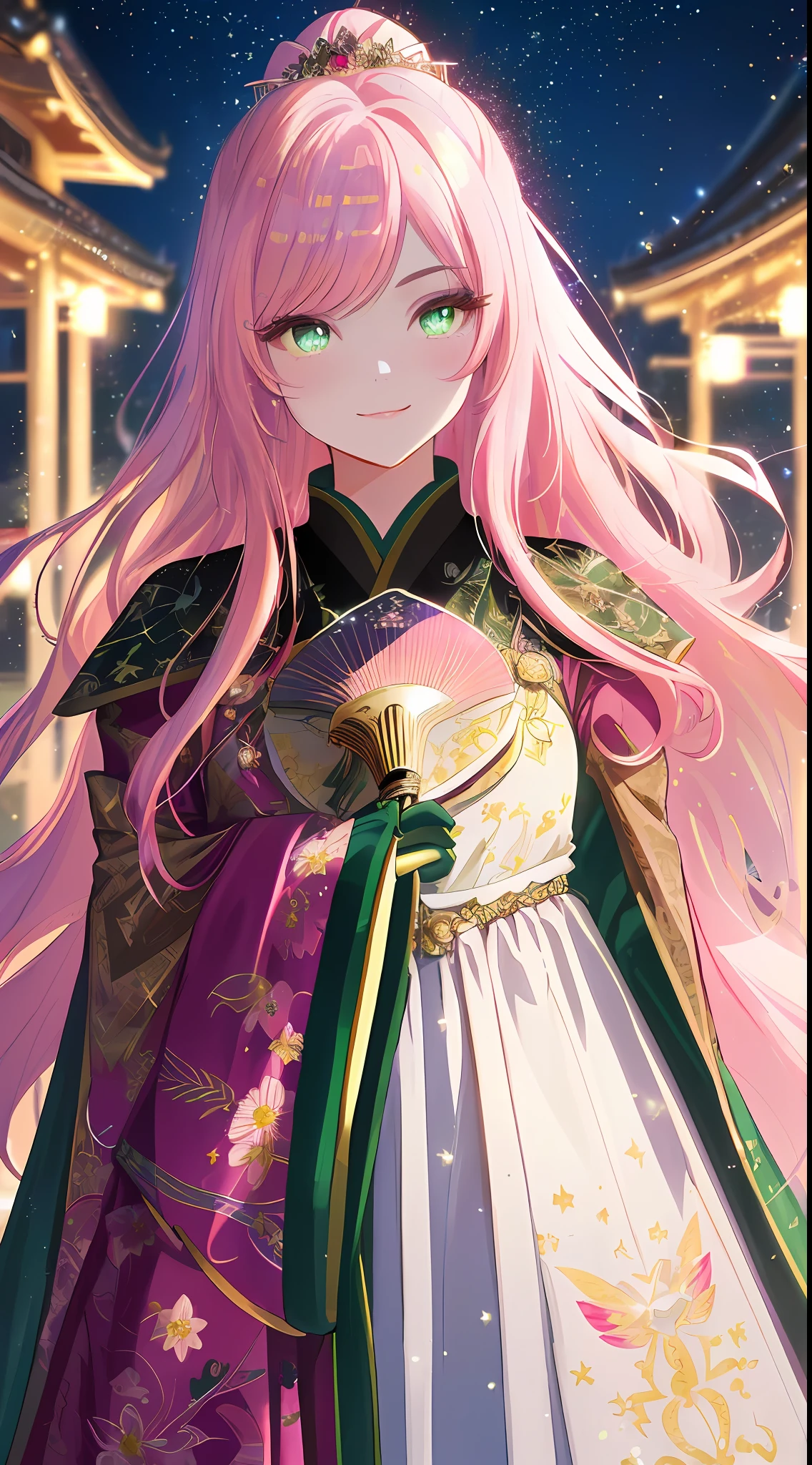 (Princess of the Imperial Palace) ((Asahi)), Kanzai, (Walking)), gorgeous women in Han robes of the Inner Temple illuminated by the garden
(((Masterpiece))), ((Ultra detailed, top quality, high resolution, cinematic lighting, glitter, glitter, lens flare, light particles, glowing tones, 8k wallpapers, beautiful clothes,)), full body, wide shot, full body shot
(1 girl) ((pink hair, long hair, straight hair)) Girl 18 years old (green eyes with both sides up), eyeshadow, eyeliner, glow eyes, super detailed eyes, complex eyes, beautiful eyes, best lighting, detailed eyes, (star-shaped pupils, glowing pink pupils)). Smile, holding a fan in your hand