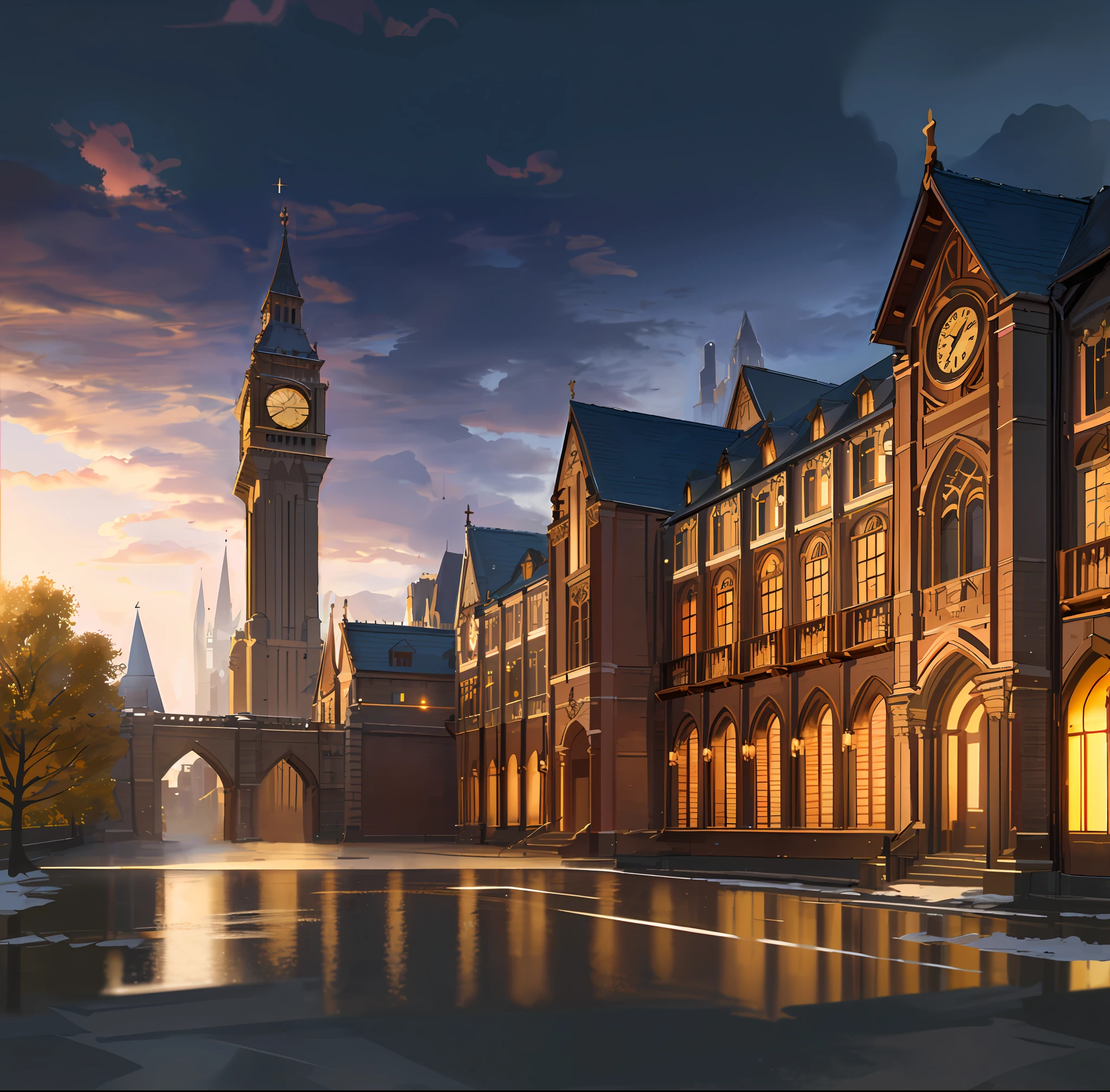 An image of a old building with a clock tower in the middle, in the style of speedpainting, elegant cityscapes, manga-inspired, light bronze and dark amber, northwest school, majestic ports, volumetric lighting, (illustration: 1.0), window detail correction and enhancement, magnificent composition, detail enhancement, detail enhancement. Realistic lighting, HD detail, masterpiece, highest quality, (highly detailed CG Unity 8k wallpaper), (highest quality)