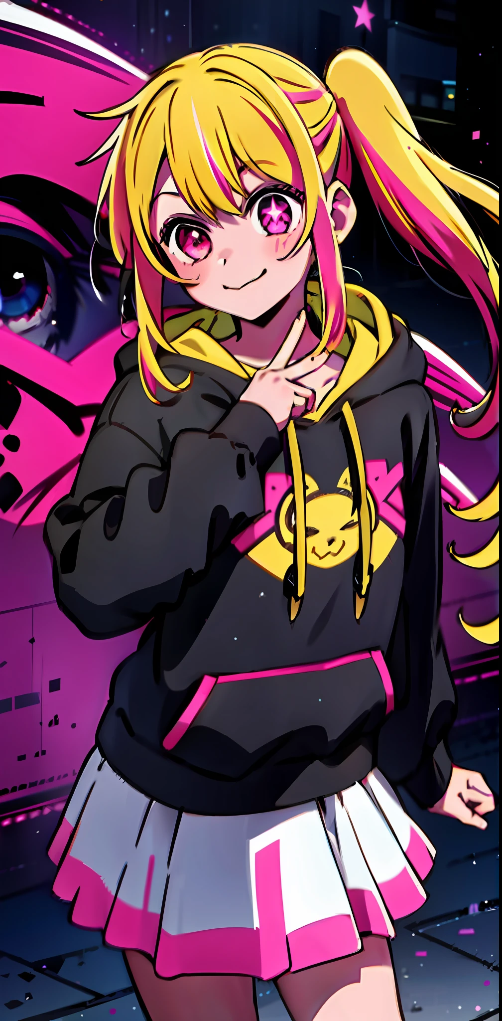 detailed background, masterpiece, best quality, smile, ornament, hoodie, portrait, neon pink, graffiti, dark, night, glowing eyes, blacklight, 1girl, solo, star-shaped pupils in left eye, orange hair, long hair, pink eyes, multicolored frilly clothes, blonde, bangs,posing, multicolored hair, (simple background:1.2), (cute:1.5), hair tie,