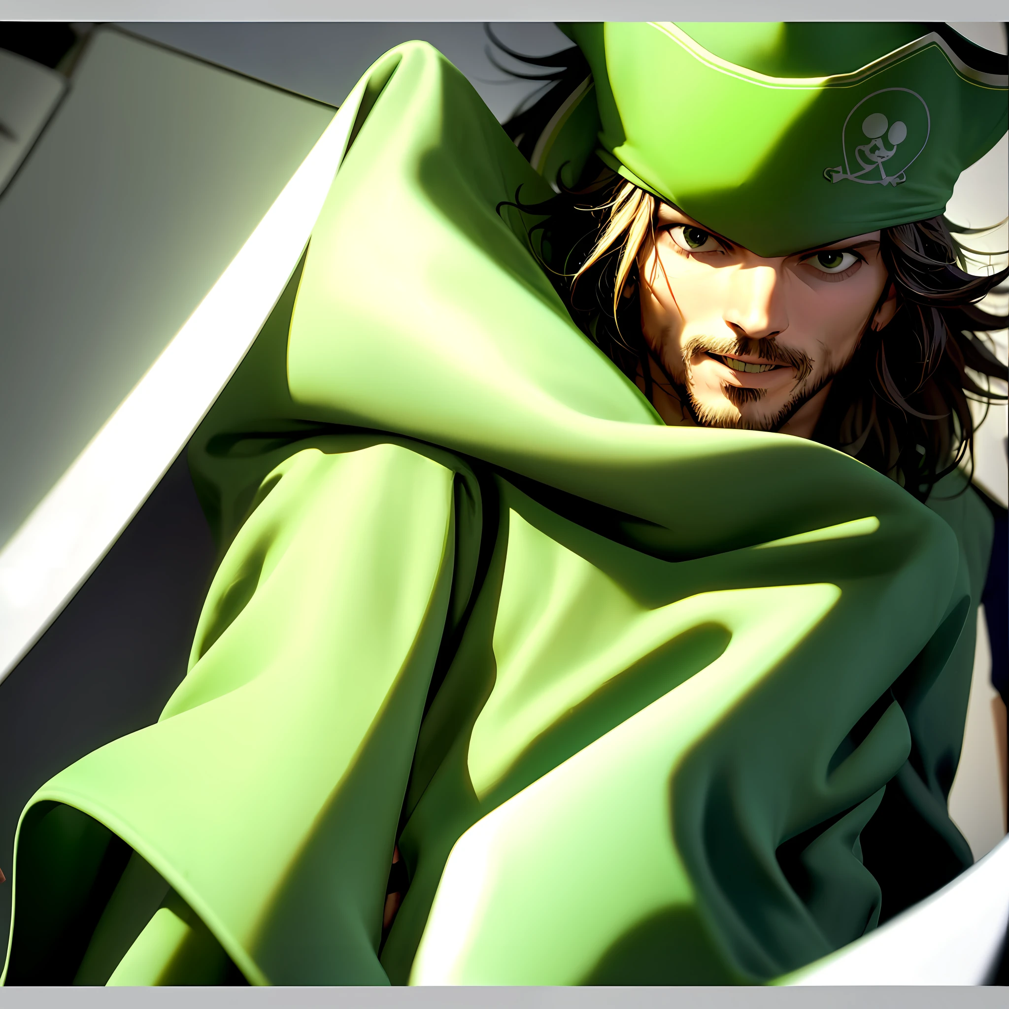 Computer pirate king who likes to wear light green and only as a logo the letter U, which you pose for a passport photo