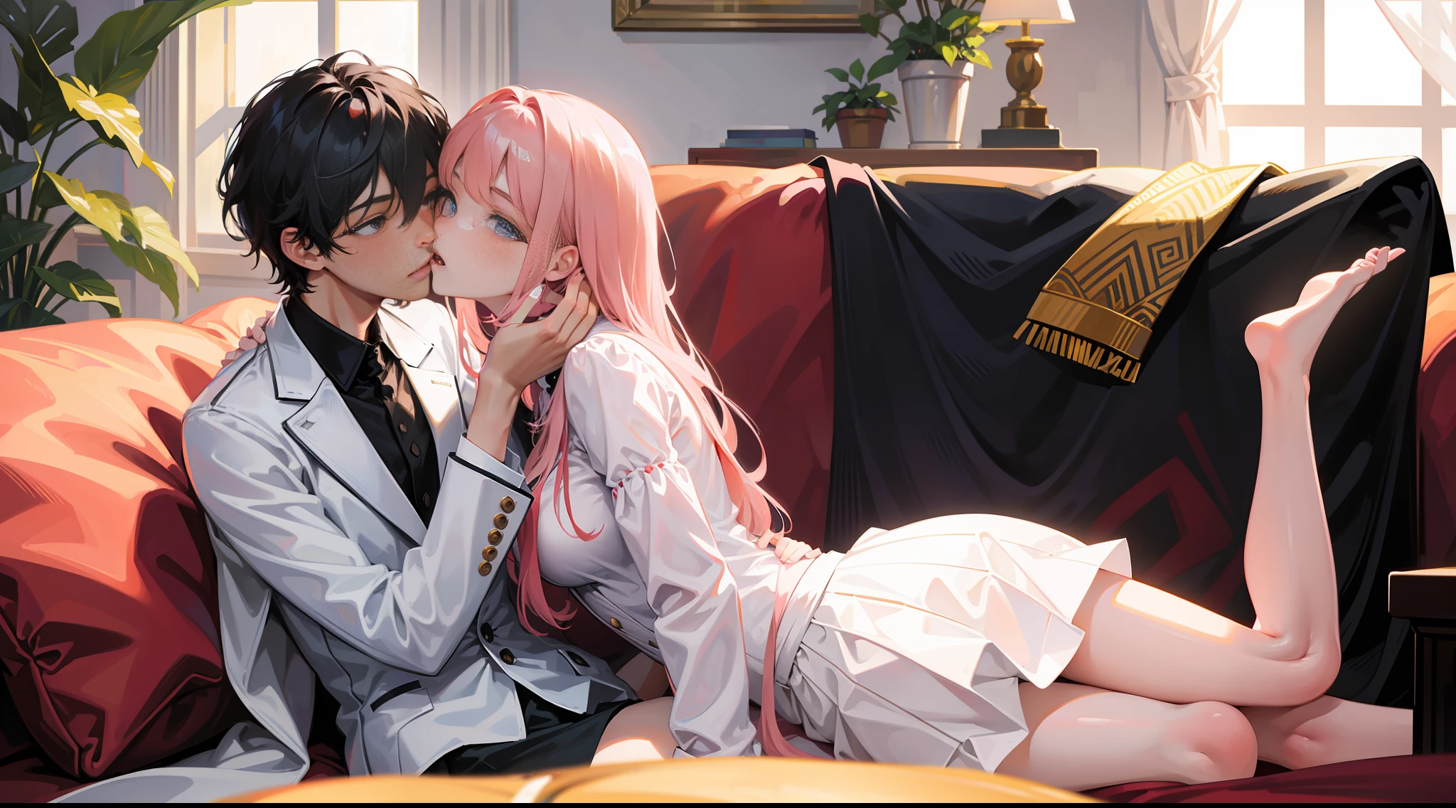 masterpiece, best quality, super detailed, illustration, beautiful detailed eyes, looking at the audience, close up, a girl and a boy on the sofa, girl pink hair white skirt, boy black hair white suit, girl and girl kissing on the sofa