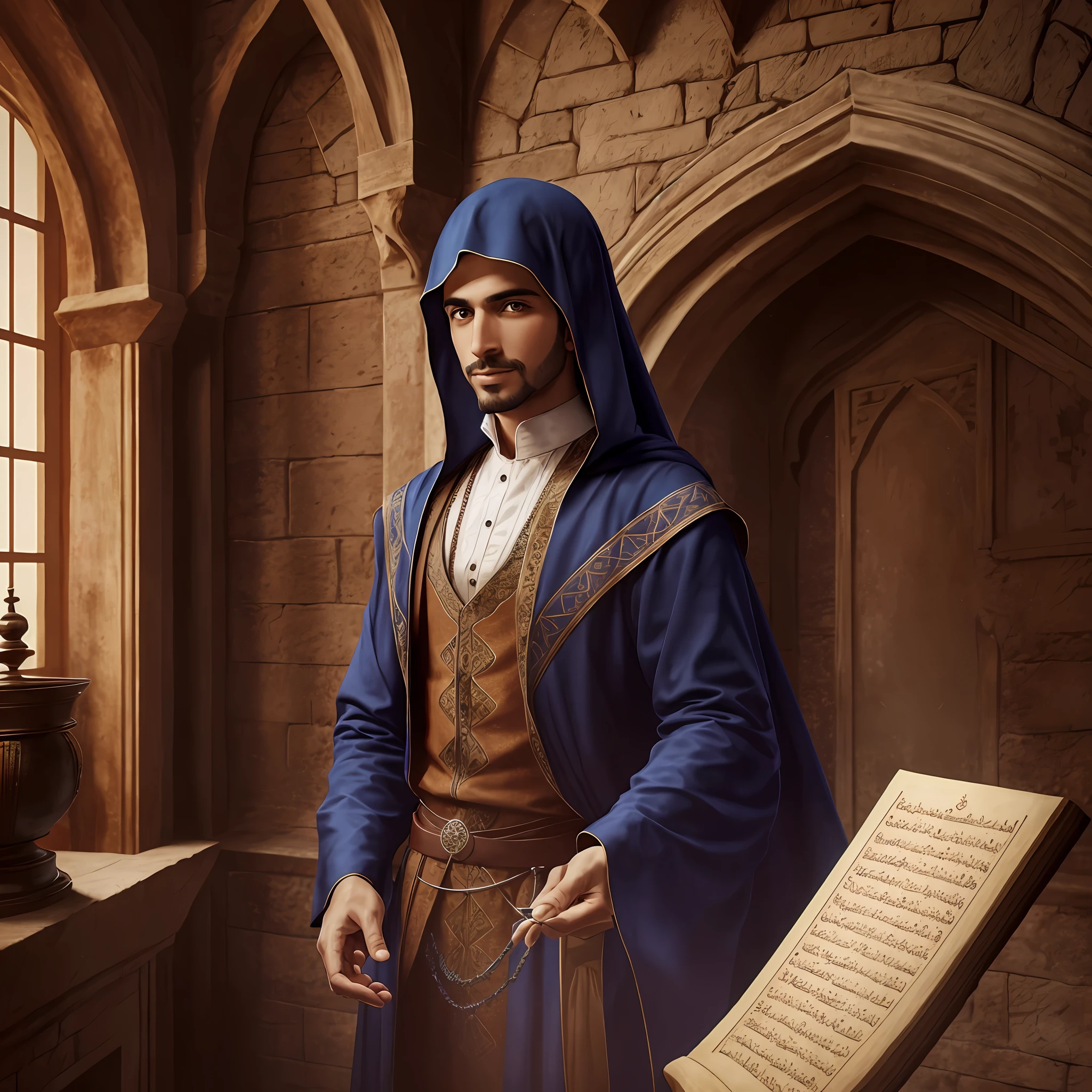 Magician with Arabic features in a medieval castle in europe best quality improve the scenery --auto --s2