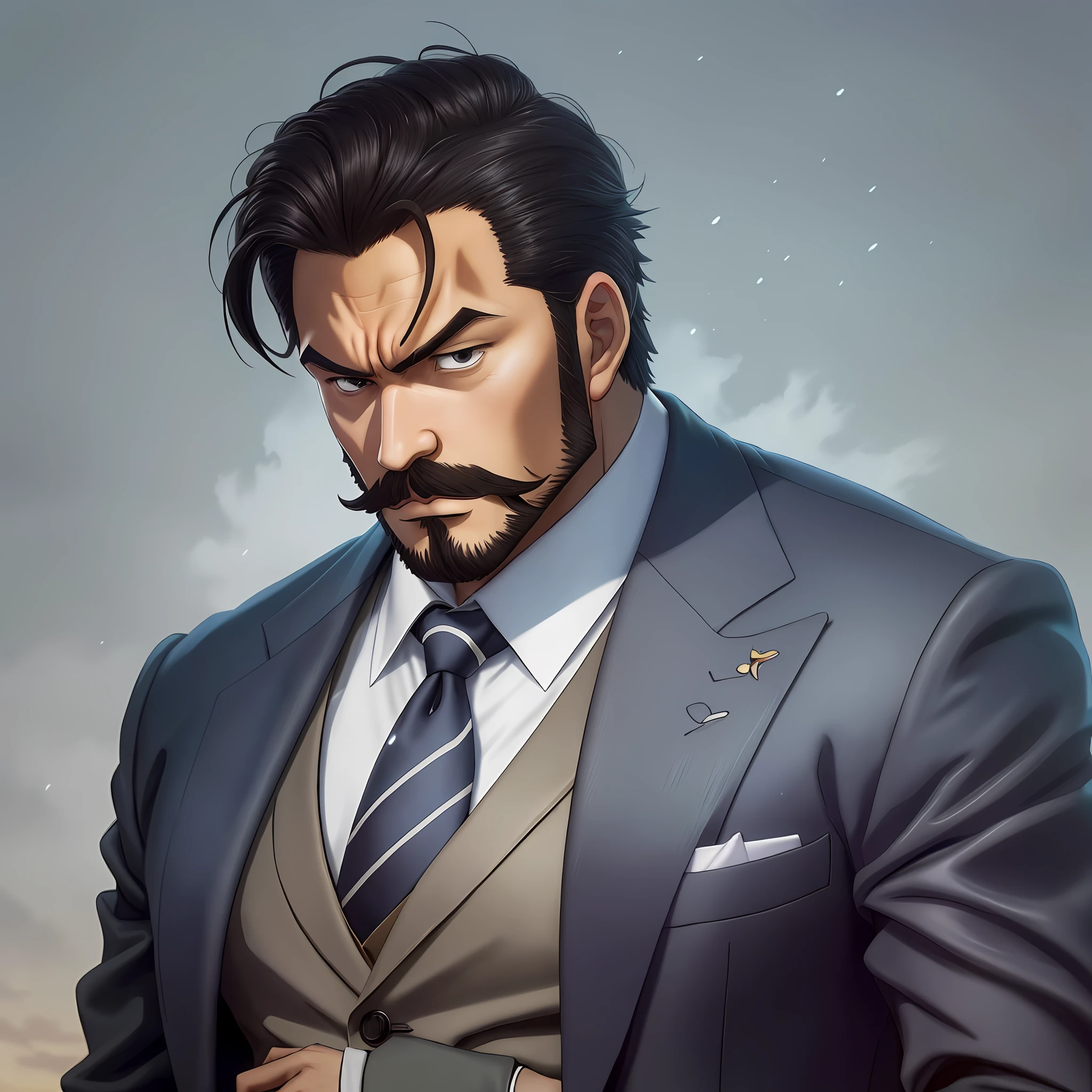 Personality: A strong and confident man with a cinematic appearance.
Face: He has a square chin, a neat mustache, and a determined expression.
Hair: He has a buzz-cut hairstyle.
Attire: He wears a sleek and stylish suit that exudes elegance and sophistication.
Style: Artwork should reflect the style of Hayao Miyazaki, known for his captivating and magical animations.
Hint: (Style: Hayao Miyazaki) (Role: square chin line, strong man with neat beard, wearing a stylish suit) Blue sky in the background, a desk in front, hands crossed, confident expression.

Prompt for stable diffusion model: "Character: A person standing confidently with crossed hands on a desk, against a backdrop of a blue sky."