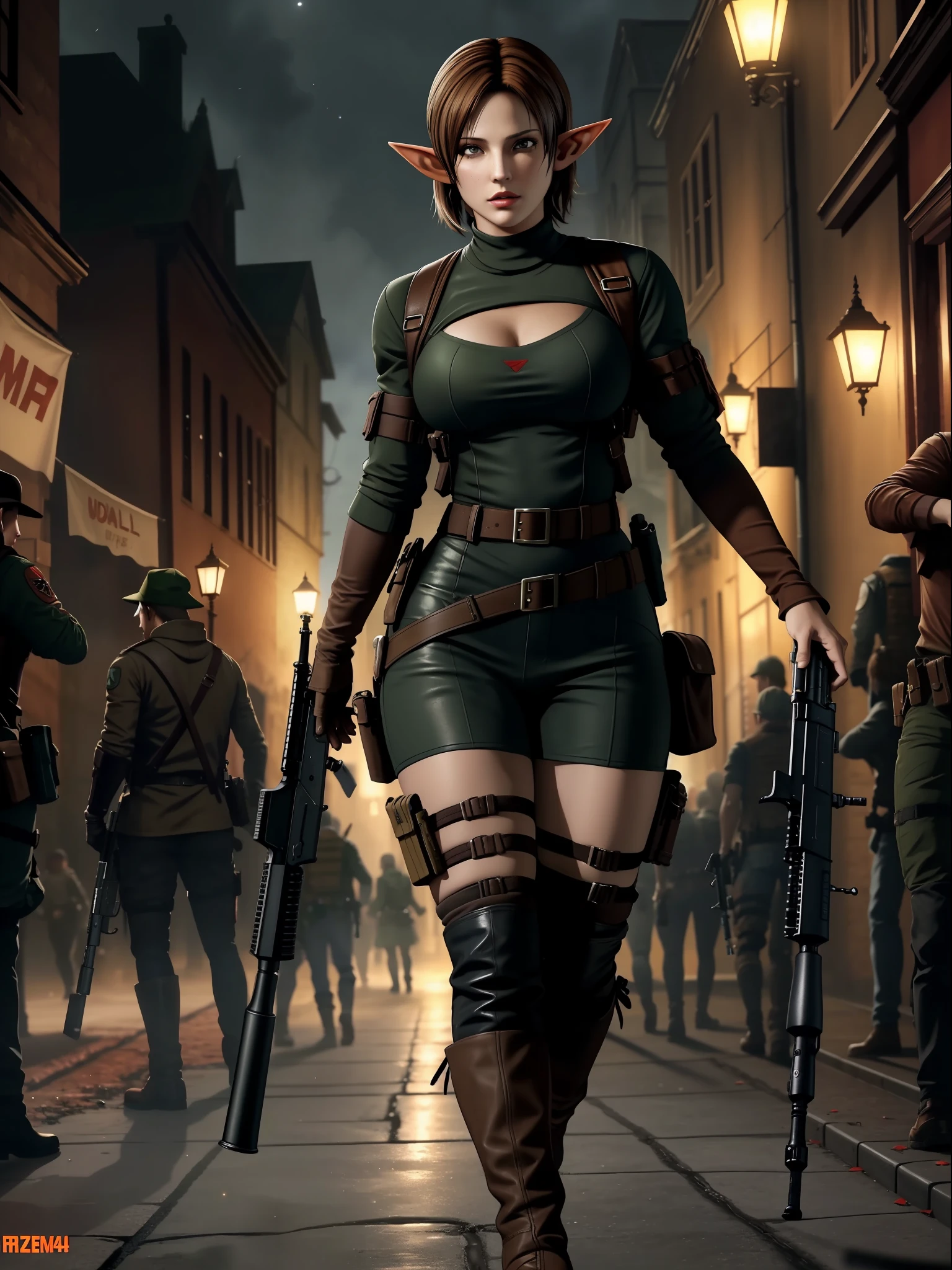 (Resident Evil 4:1.5), (full body photo), (An elf woman:1.5), (with Resident Evil 4+Leon's clothes extremely tight on her body:1.3), (she's holding thick caliber weapons+walking in a night town crowded with zombies:1.5), (she's got short brown hair:1.3), (she's having blue eyes:1.3), (she's doing poses+for the viewer+armed), Hyperrealism, 16k, best quality, high details, UHD