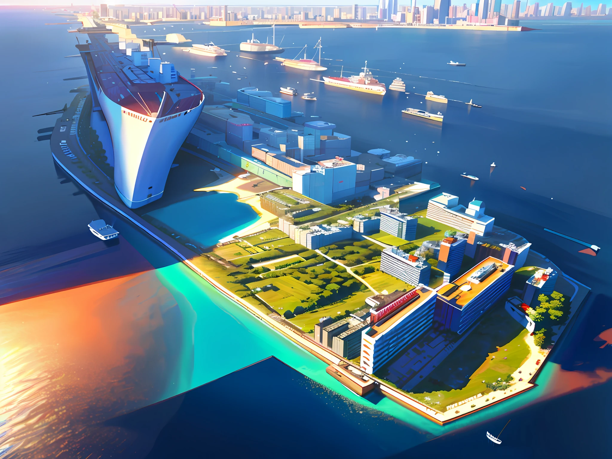 Photography, total area: aerial view of the island of 63000m2, isolated island with no land around, a cluster of skyscrapers covering the island, modern urban landscape, large ship harbor, beautiful yacht harbor, beautiful island with a white landscape all around, a large number of yachts floating in the sea. Photorealistic, Masterpiece, Best Quality, Ultra Detail, HDR, 8K
