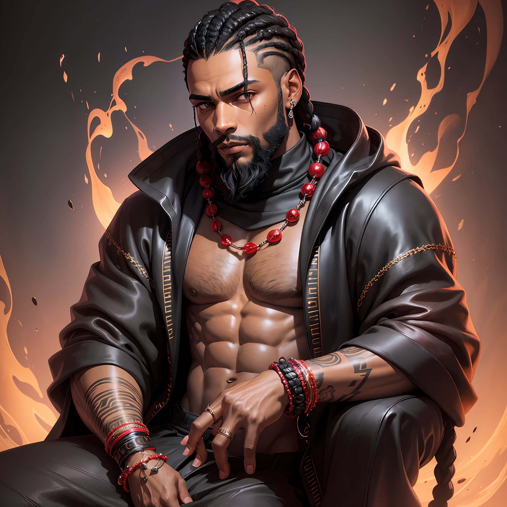 Black man, diamond earring, braids, black hair, beard done, brown eyes. Front view, head up. 1440 x 2960. Wearing robe, black color with distinctive red clouds and a turtleneck. Seated. Dark background with neon details. Hdr --auto --s2