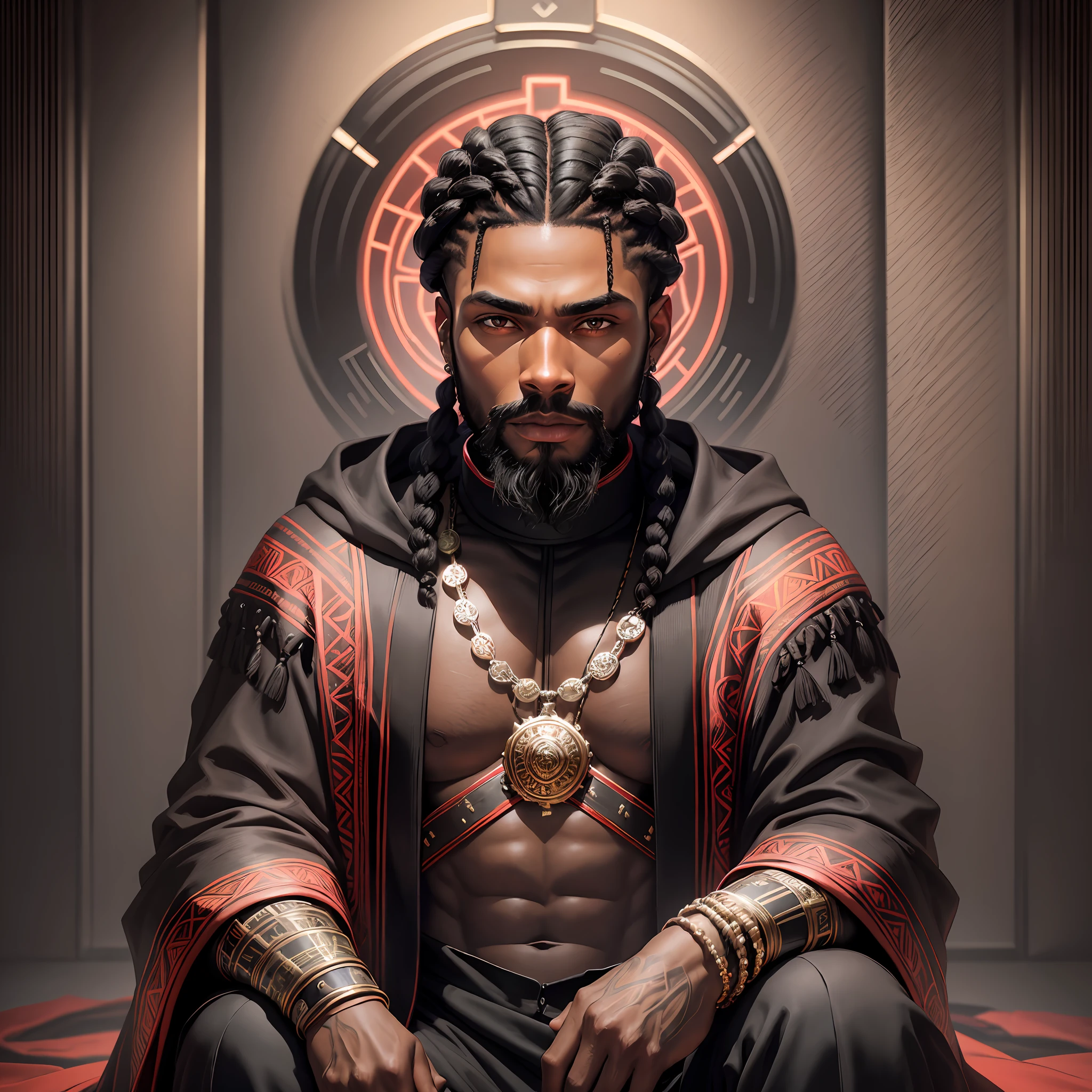 Black man, diamond earring, braids, black hair, beard done, brown eyes. Front view, head up. 1440 x 2960. Wearing robe, black color with distinctive red clouds and a turtleneck. Seated. Dark background with neon details. Hdr --auto --s2
