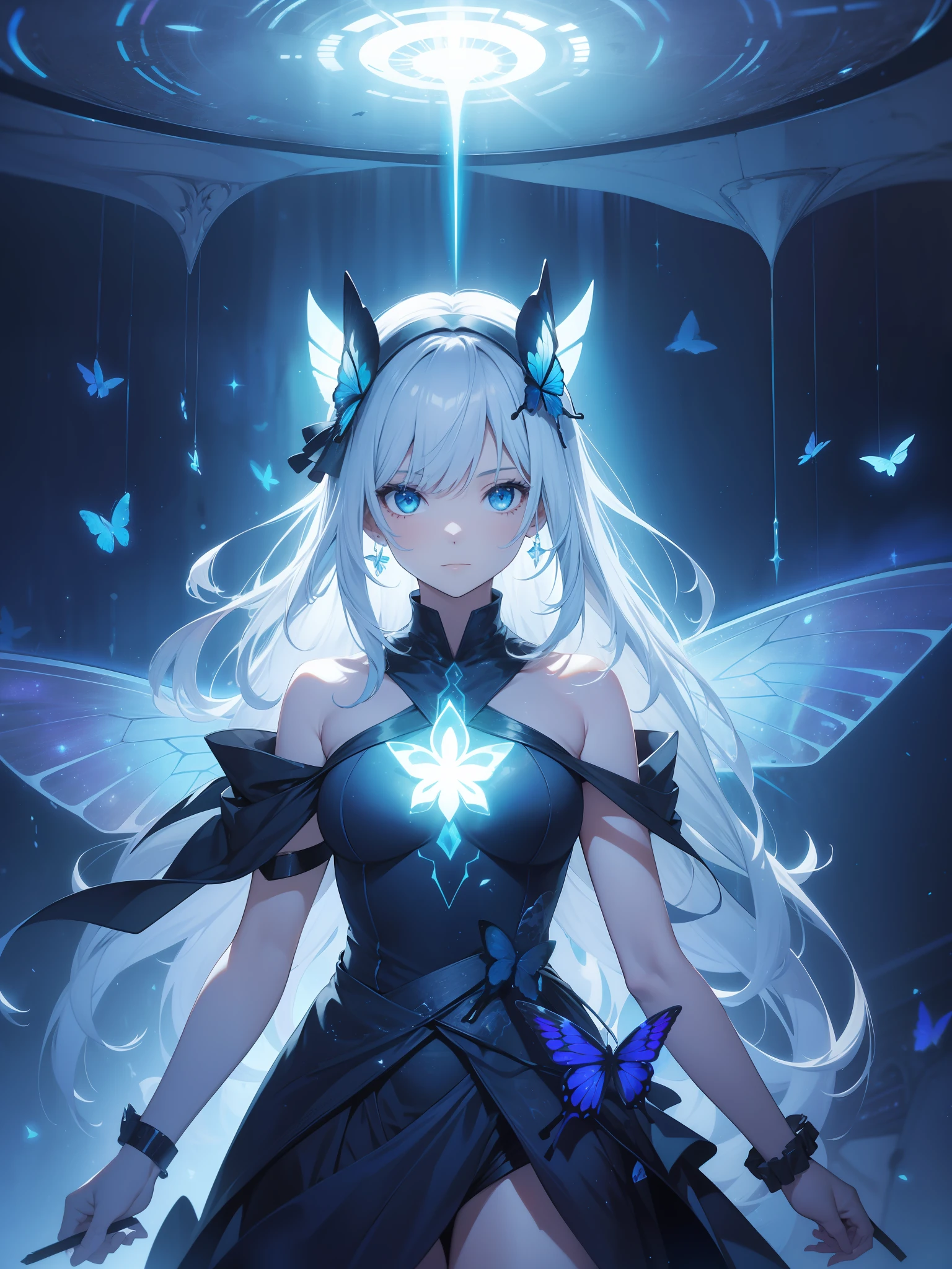absurdres , highres, ultra detailed, (1girl:1.3), BREAK, fantasic dress, headwear, BREAK, light persona, dark persona, mind control, fractal, full body, ceiling, Artistic Background, blue Bioluminescence, Geometric, Organic, blessing, favor, exalted, sublime, noble, unfolding, unraveling, antigravity, antimatter, guardian angel, holy, sacred, spiritual, dignified, red Bioluminescence, flower, holographic wings, on Magic circle, Photon, butterfly, scales, galaxy, BEARK,