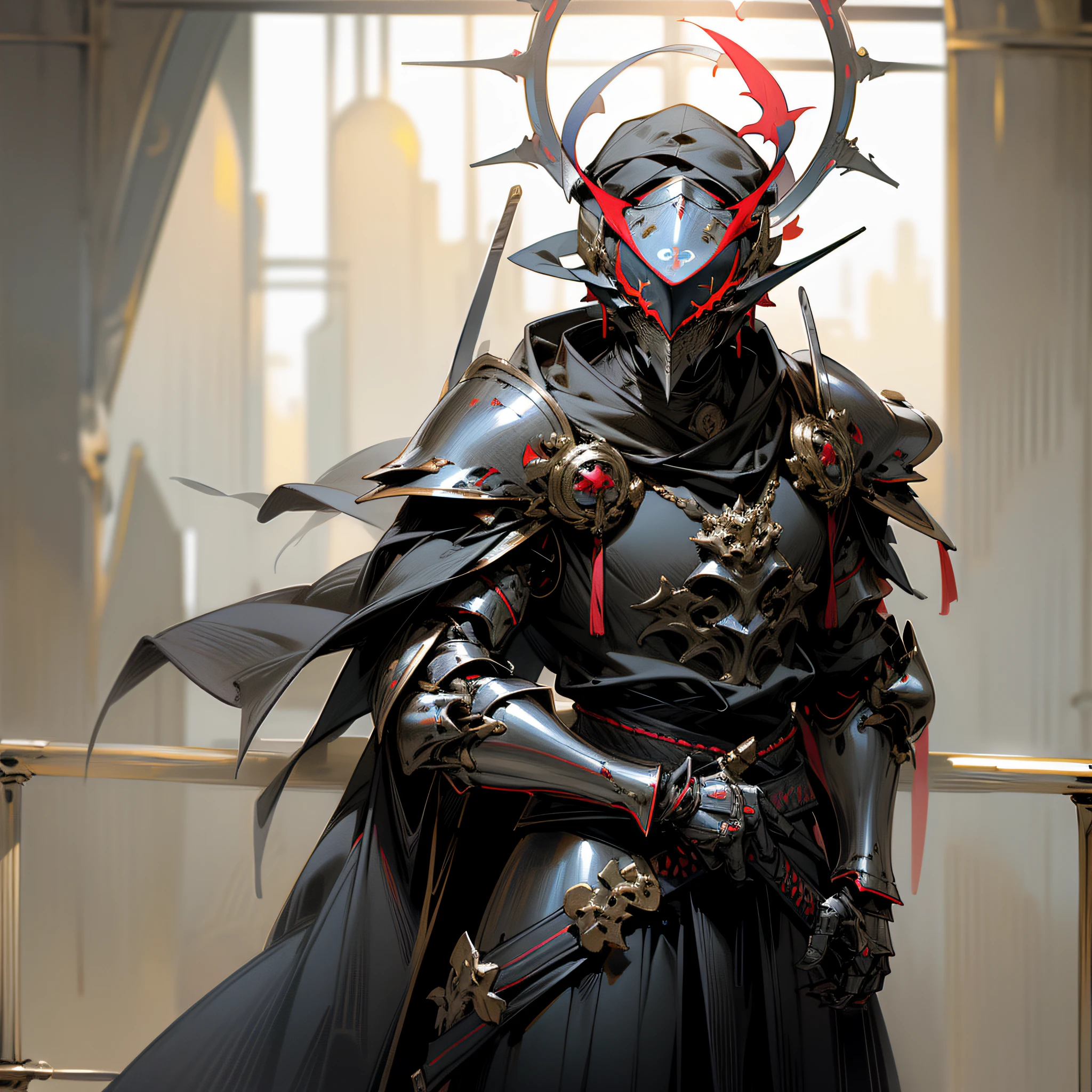 (Best Quality, 8k, 32k, Masterpiece, dark fantasy, black red knight armour, guardian, king crown halo, mask, 1 boy, katana on the waist