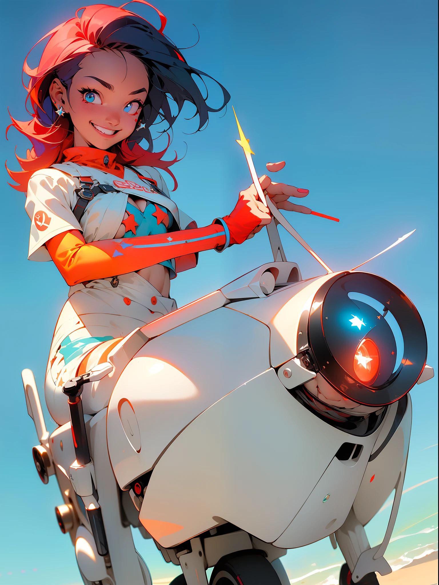 ((Best quality)), ((masterpiece)), (detailed: 1.4), (Absurd), girl car driver, light-skinned with micro bikini, inside a blue and orange race car, she smiles and waves to the audience, neon style Genesis evangelion outfit, ((((red and white bands and blue arms with white stars))), 2 piece clothing, colored hair, tattoo on the arms, cybernetic hand,  pastel, centered, scale to fit dimensions, HDR (High Dynamic Range),Ray Tracing,NVIDIA RTX,Super-Resolution,Unreal 5,Subsurface dispersion, PBR texture, Post-processing, Anisotropic filtering, Depth of field, Maximum clarity and sharpness, Multilayer textures, Albedo and specular maps, Surface shading, Accurate simulation of light-material interaction, Perfect proportions, Octane Render, Two-tone lighting, Wide aperture,  Low ISO, White balance, Rule of thirds, 8K RAW, crysisnanosuit