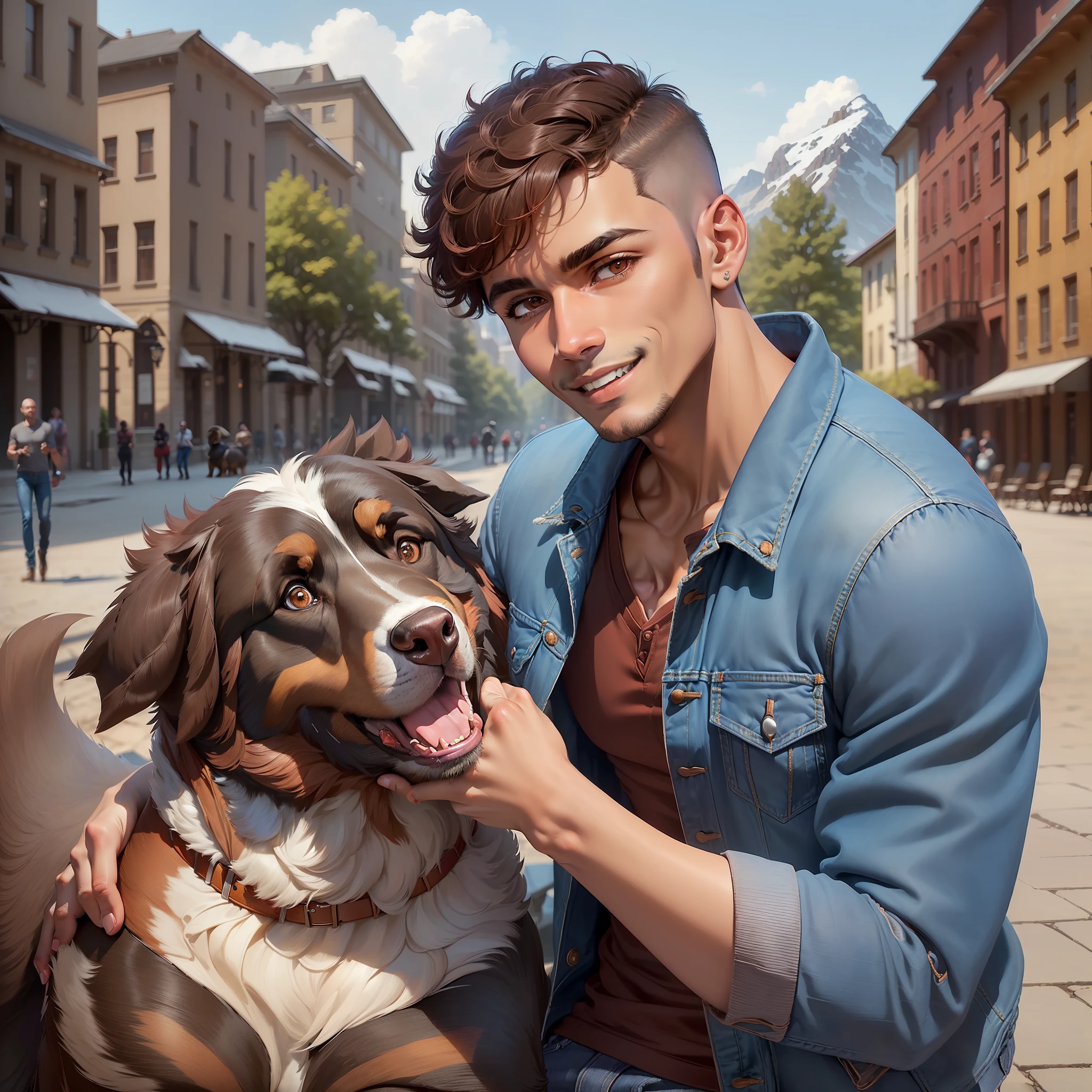 (dramatic illumination, dynamic angle, intense color contrast), (solo), (1man) (fit teen), (dark tan skin), (red brown buzzcut hair:1.3), (stubble), (brown eyes), ((wearing jeans, a blue henley t-shirt, and sheepskin lined denim jacket)), smiling, (playing with large bernese mountain dog:1.3), (in city park)