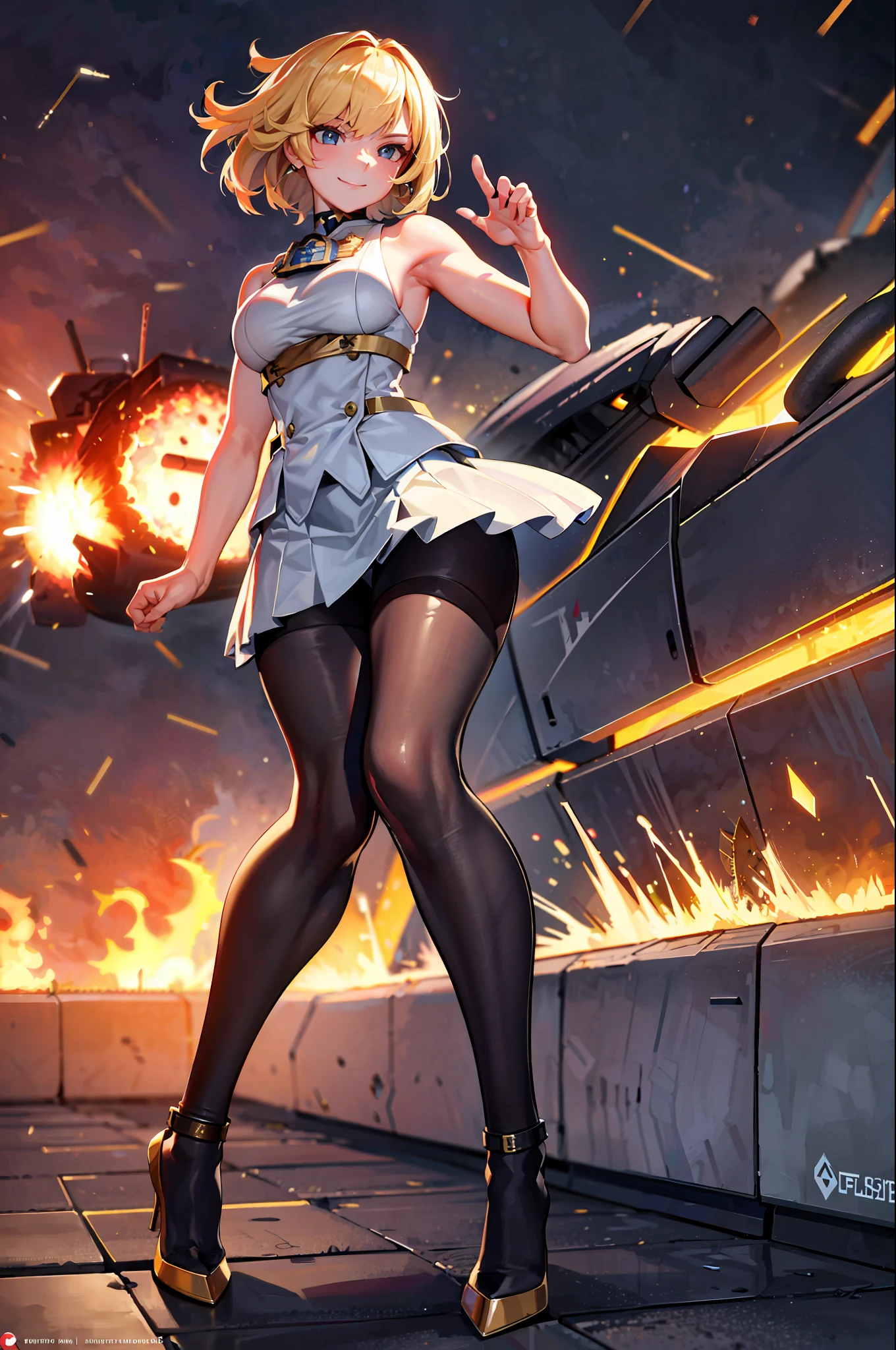 masterpiece, exquisite, high-resolution, single woman, short toe, pretty face, good style, military uniform, battlefield, war, (((tank)), explosion, smile, detailed hands, detailed legs, angle from a distance 16k,