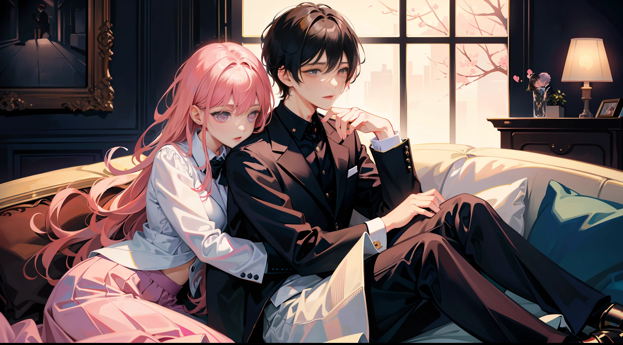 masterpiece, best quality, super detailed, illustration, beautiful detailed eyes, close up, a girl and a boy on the sofa, girl pink hair white skirt, boy black hair and black suit clothes pants, girl and boy hugging kissing on sofa