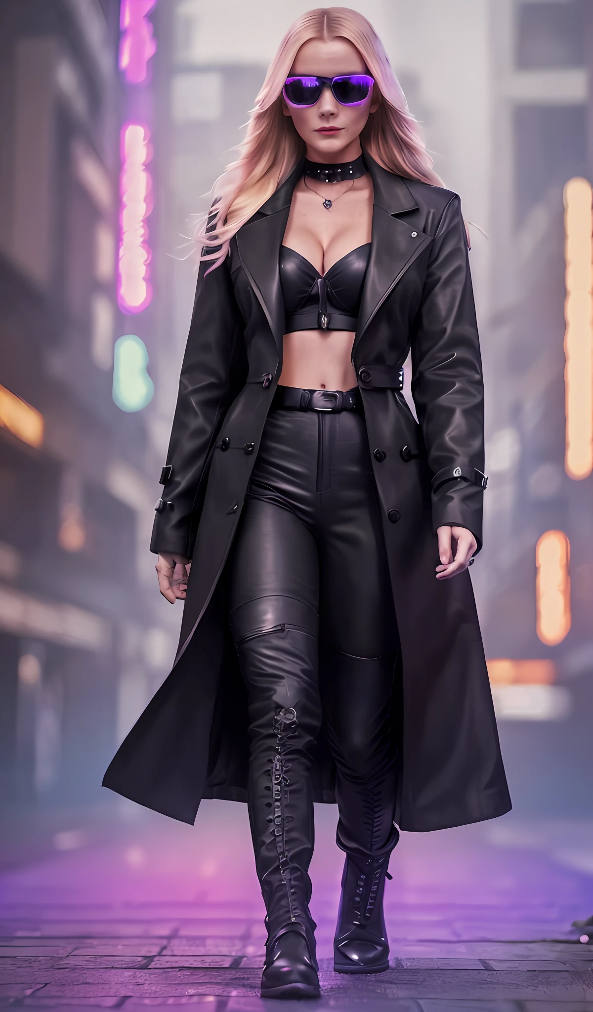 Full body photograph of a beautiful woman (Wearing black overcoat, sunglasses, large breasts, long blonde hair, black clothes) walking in a Cyberpunk town. Cyberpunk neon night setting, neon lights, light show, illuminated place, neon colors, colors focused on blue and purple. Futurism, (Masterpiece, high quality, focus on face, detailed face) realism, RAW, 8K