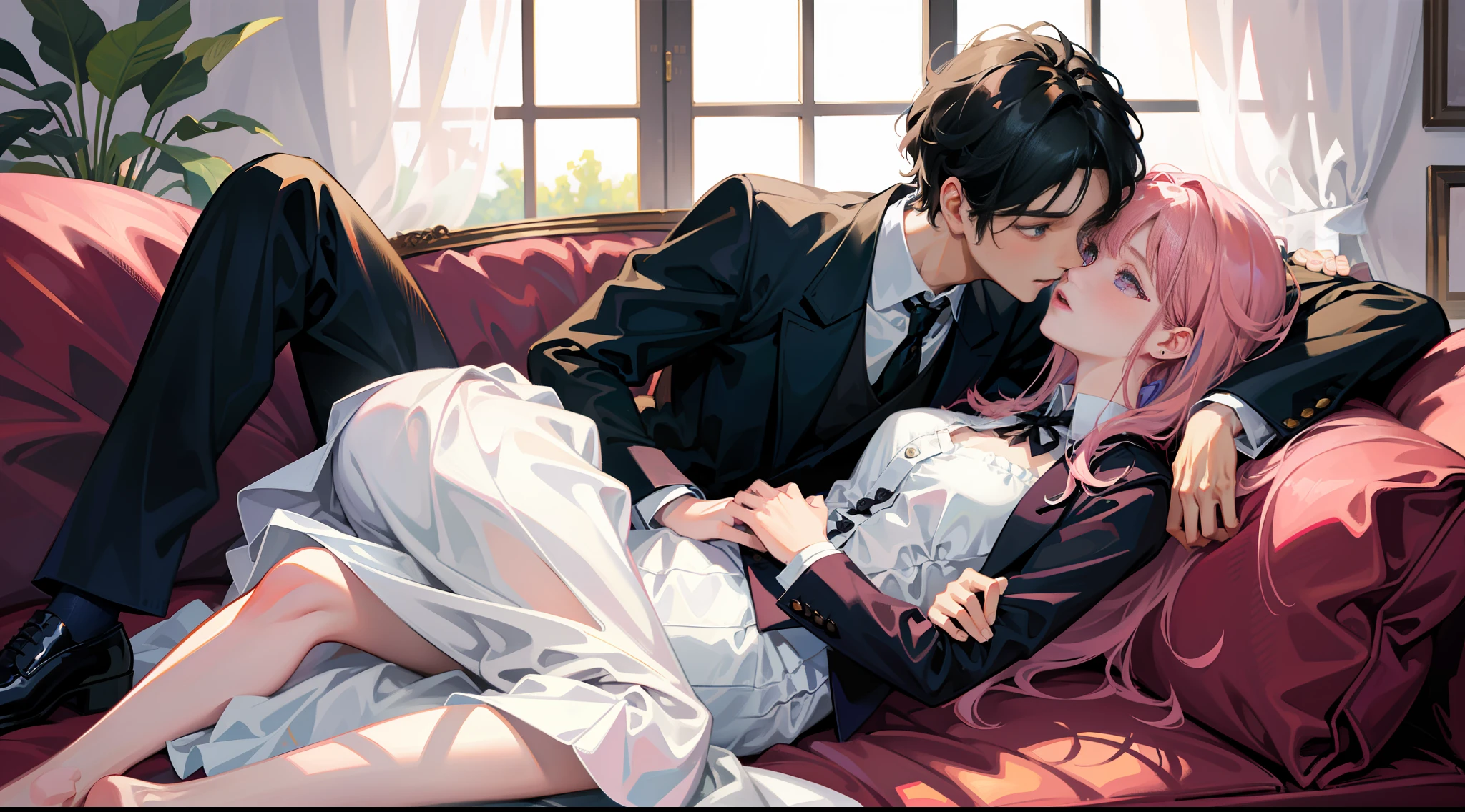 masterpiece, best quality, super detailed, illustration, beautiful detailed eyes, close up, a girl and a boy on the sofa, girl pink hair white skirt, boy black hair and black suit clothes pants, girl and boy hugging kissing on sofa