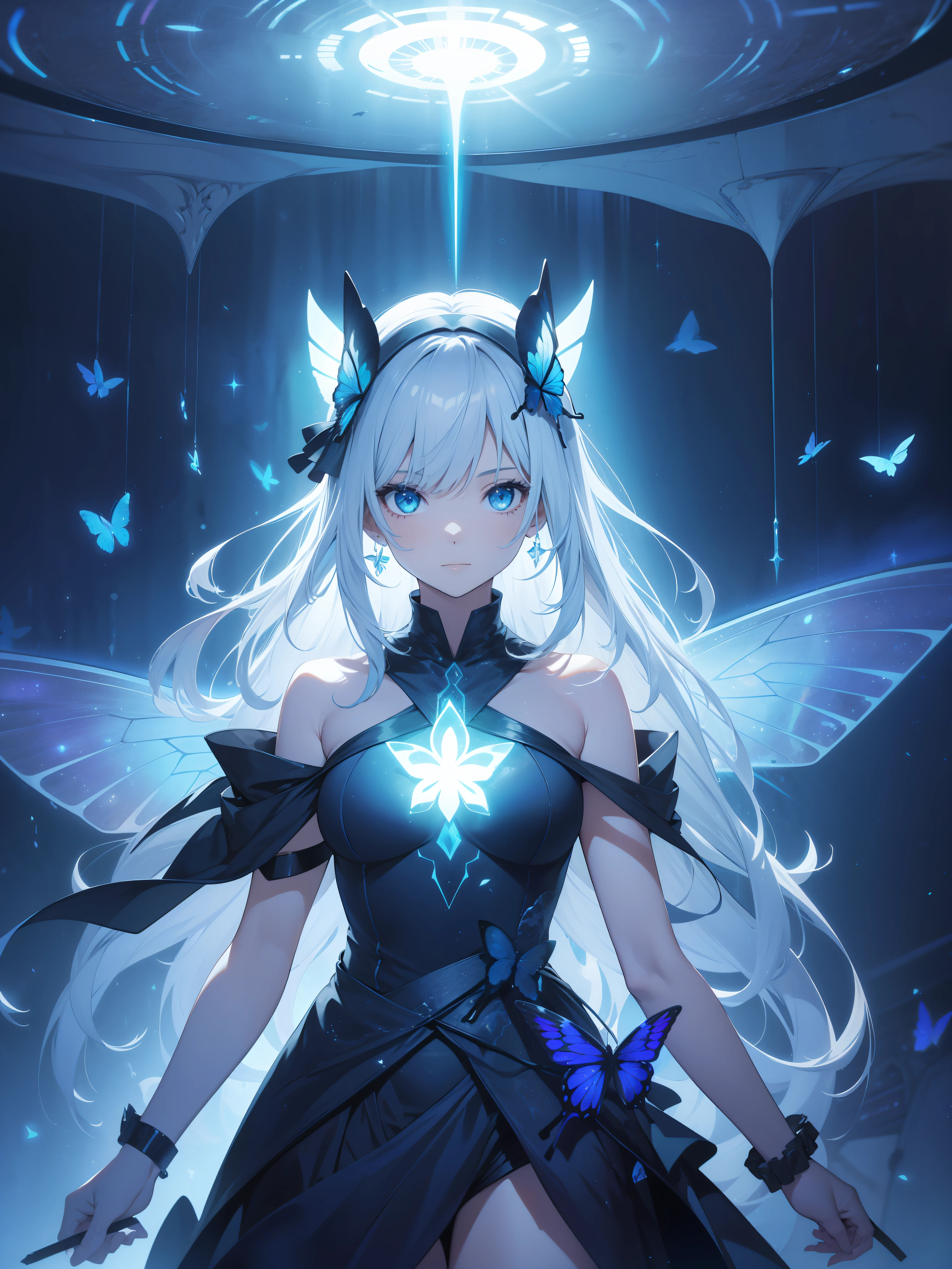 absurdres , highres, ultra detailed, (1girl:1.3), BREAK, fantasic dress, headwear, BREAK, light persona, dark persona, mind control, fractal, full body, ceiling, Artistic Background, blue Bioluminescence, Geometric, Organic, blessing, favor, exalted, sublime, noble, unfolding, unraveling, antigravity, antimatter, guardian angel, holy, sacred, spiritual, dignified, red Bioluminescence, flower, holographic wings, on Magic circle, Photon, butterfly, scales, galaxy, BEARK,