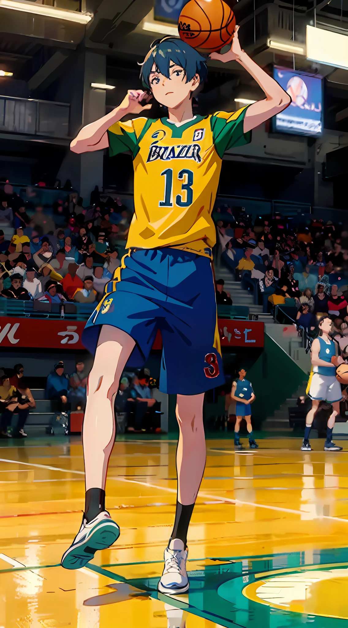 anime character playing basketball, Brazil shirt, (masterpiece, best quality: 1.2), solo, male focus, 1boy, expressionless, mouth closed, looking at the viewer, hand on hip, sportswear, basketball uniform, basketball court