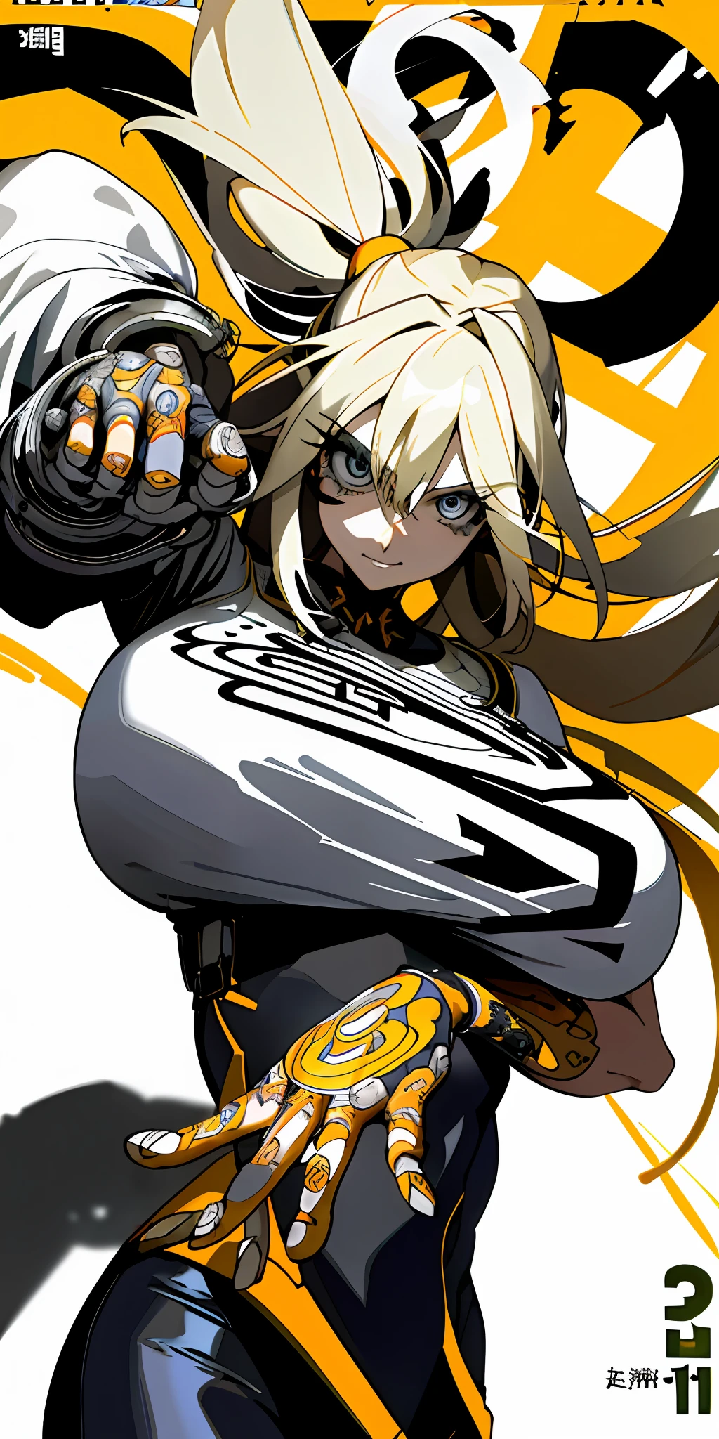 background, mixed-language_text, Japanese letters in graffit ,girls, long blonde hair, excellent lighting, sidelighting, (), vhsKeeper,, style GUILTY GEAR -STRIVE perfect ultimate (flat color: 1.3), (magazine_cover: 1.4), (multicolored_background: 1.3), striped_background, card_background, :: comix style by joe madureira :: circular pieces of white metals glued to the arms ultra detailed coming out sparkling shine, , perfect and detailed, ultra detailed shirt with drawing Abstract and patterned with Japanese letters in graffit on the sides of the outfit, image of girls with Big Breast, on top of a futuristic motorcycle, with immersive effects, hover effect, background style graffiti tribal tattoo with vibrant colors "HDR Ultra" detailed and with focus effect, (masterpiece: 1.2, best quality), (beautiful eyes with huge eyelashes finely detailed:  1.2), , ((Solo)), (Finely detailed eyes and detailed face :1.3), in various full-body attack poses, (cute background: 1.2),futuristic costume, Super detailed circular metals Clinging to arms and pants, fantastic paintings