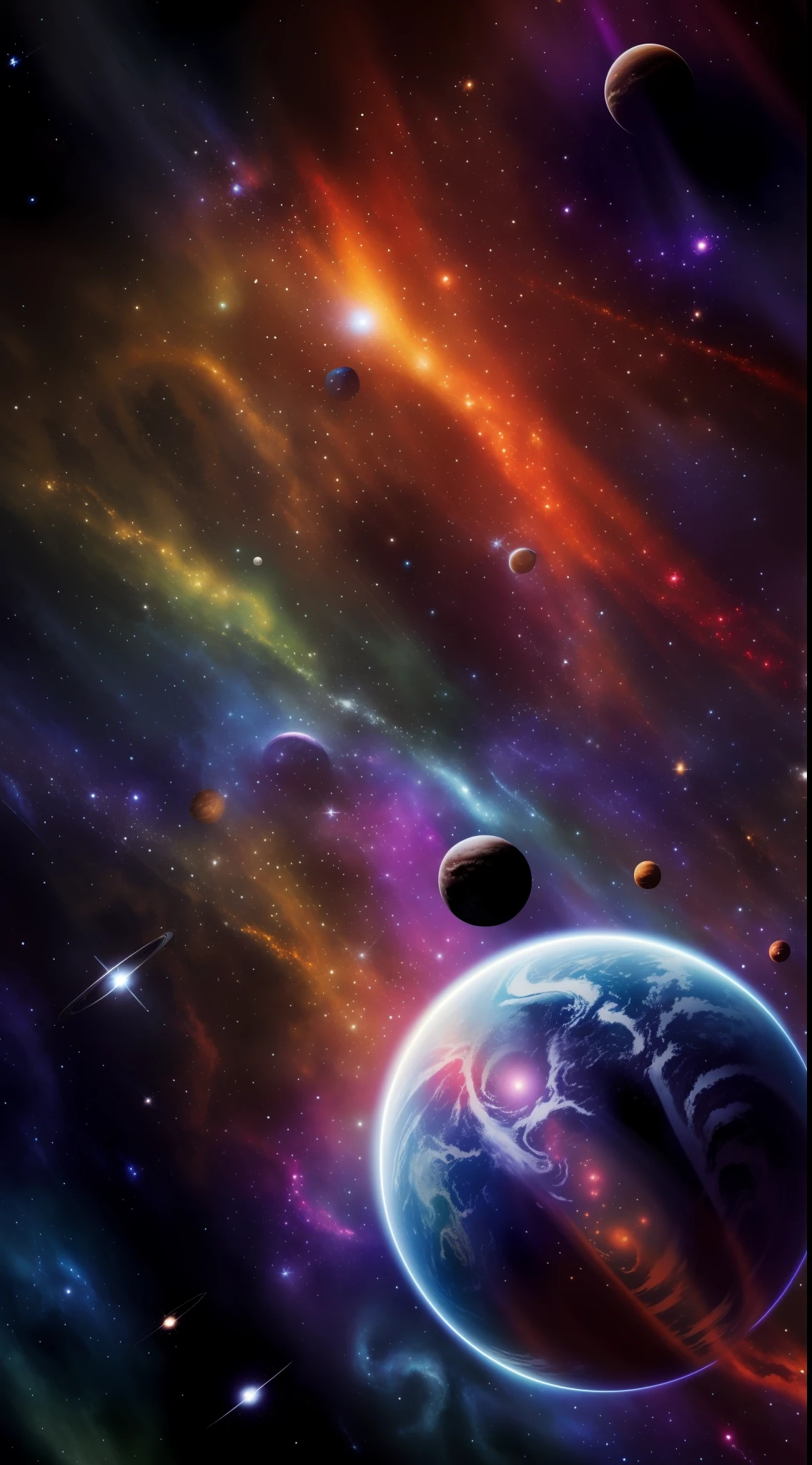 painting of a group of planets in a galaxy with a star in the background, cosmic space, cosmic and colorful, planets and galaxies, fantasy space, surreal space, space art, outer space, cosmic universe, beautiful space, planets colliding, space backdrop, planets, fantastic space, scene in space, galaxy space sci - fi, space colors, universe, space