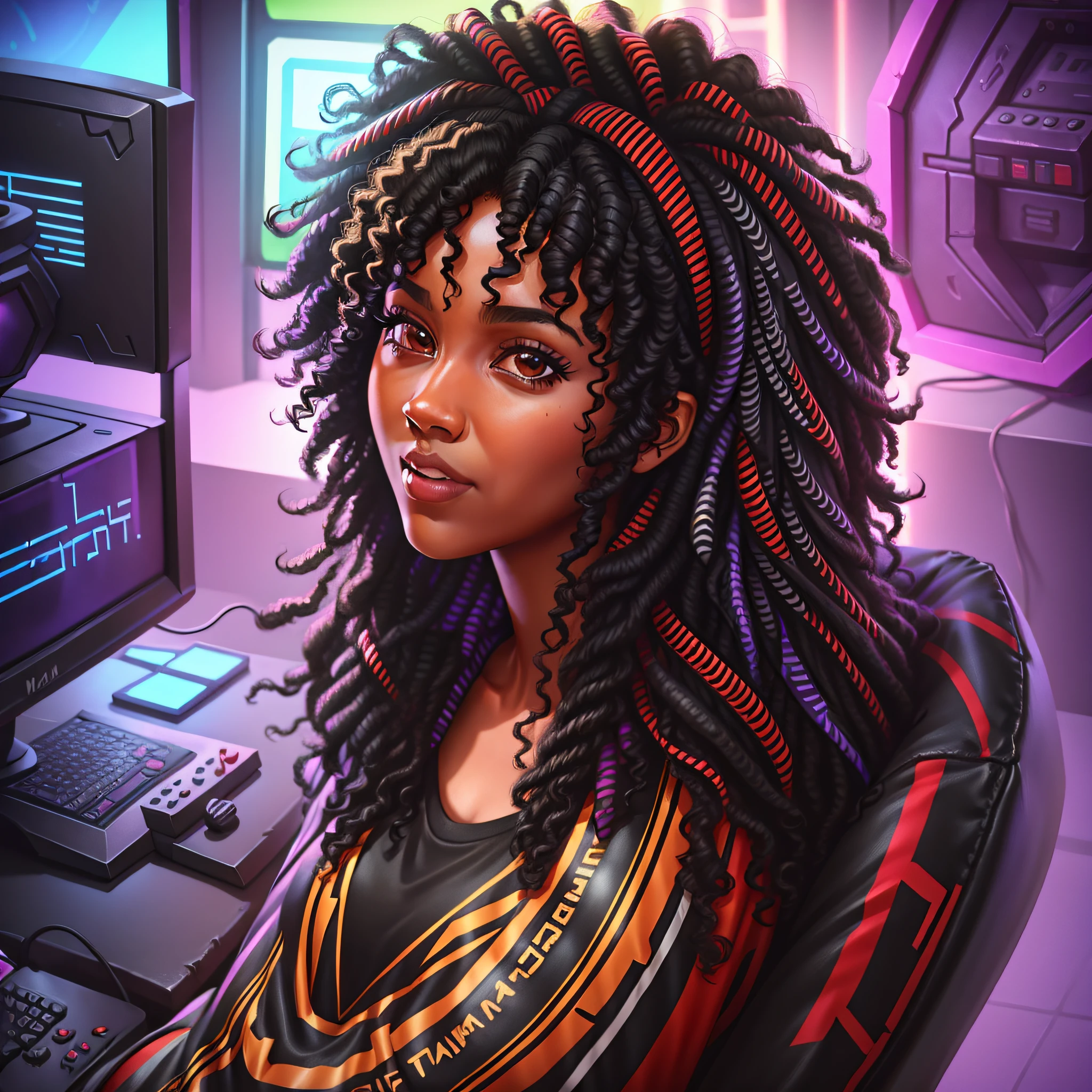 (best quality) woman playing video game, black, curly hair, adult, 35 years, streamer