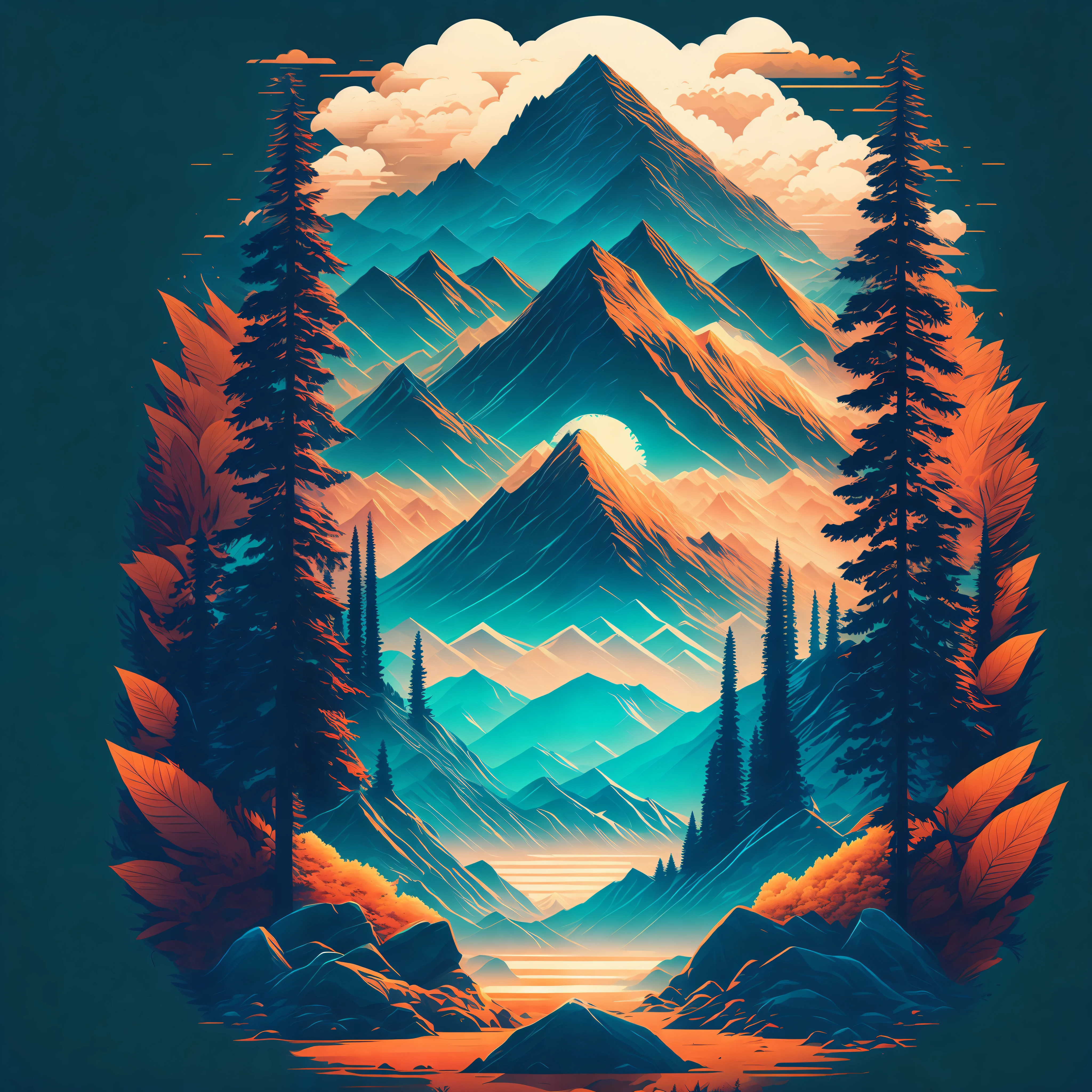 A city in a summer landscape mountains in the background surrounding trees, T-shirt design, midjourney, vector art, hydro74