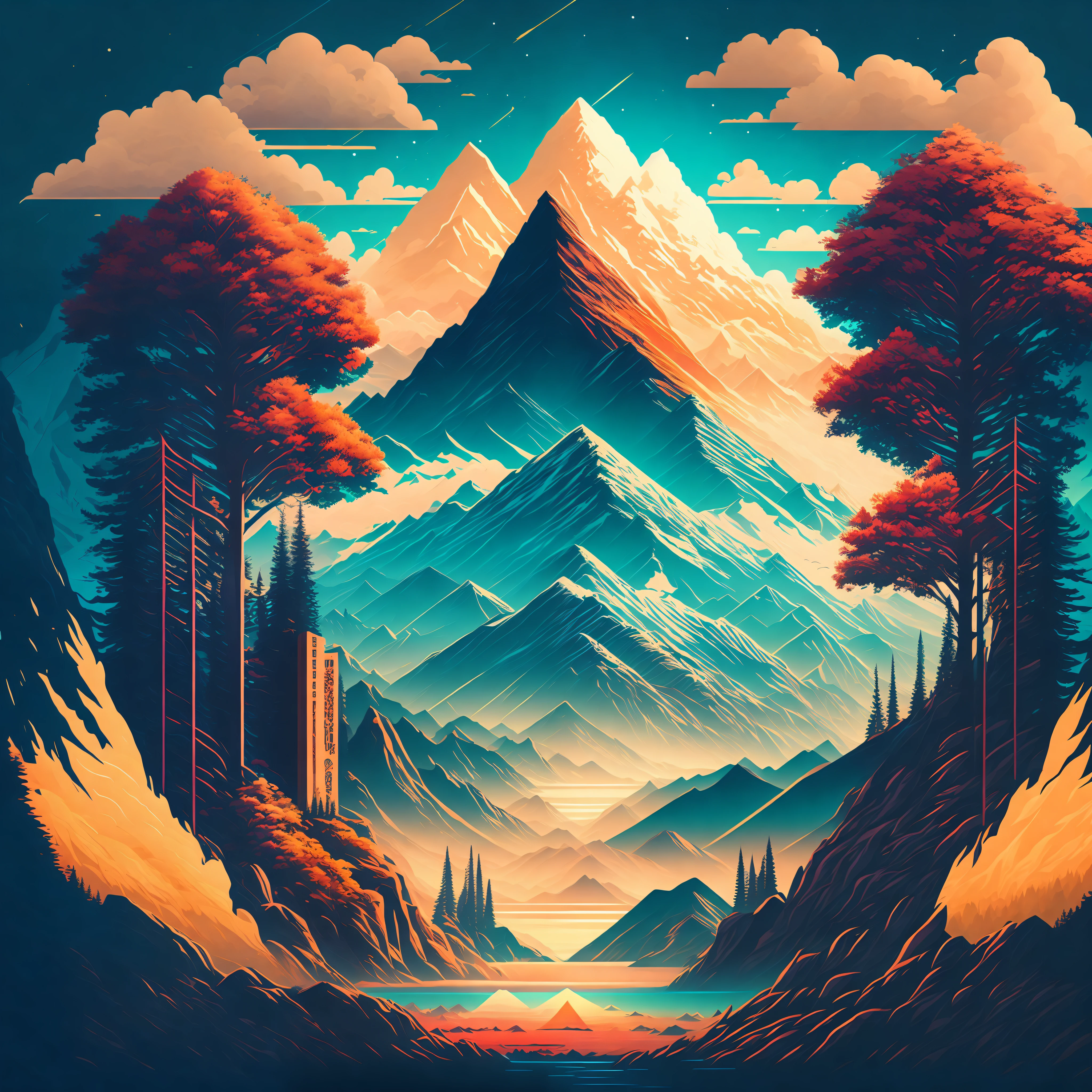 A city in a summer landscape mountains in the background surrounding trees, T-shirt design, midjourney, vector art, hydro74