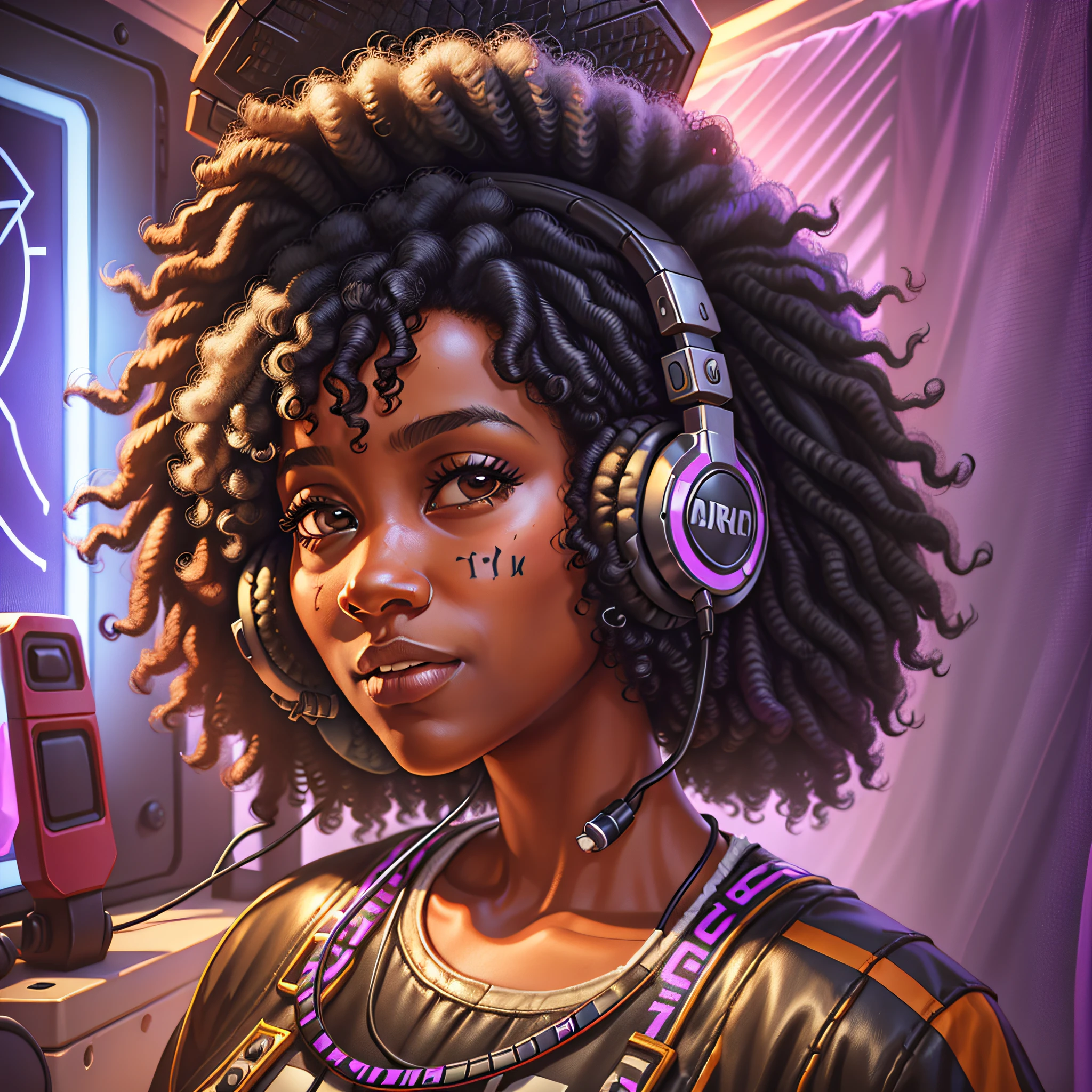 (best quality) woman playing video game, black, curly hair, adult, 35 years, streamer, woman with headphones using a cell phone, holding cell phone, playing on cell phone, using a headset for games, detailed portrait photo, afro tech, curly hair, her face framed with curls, streamer, games, playing