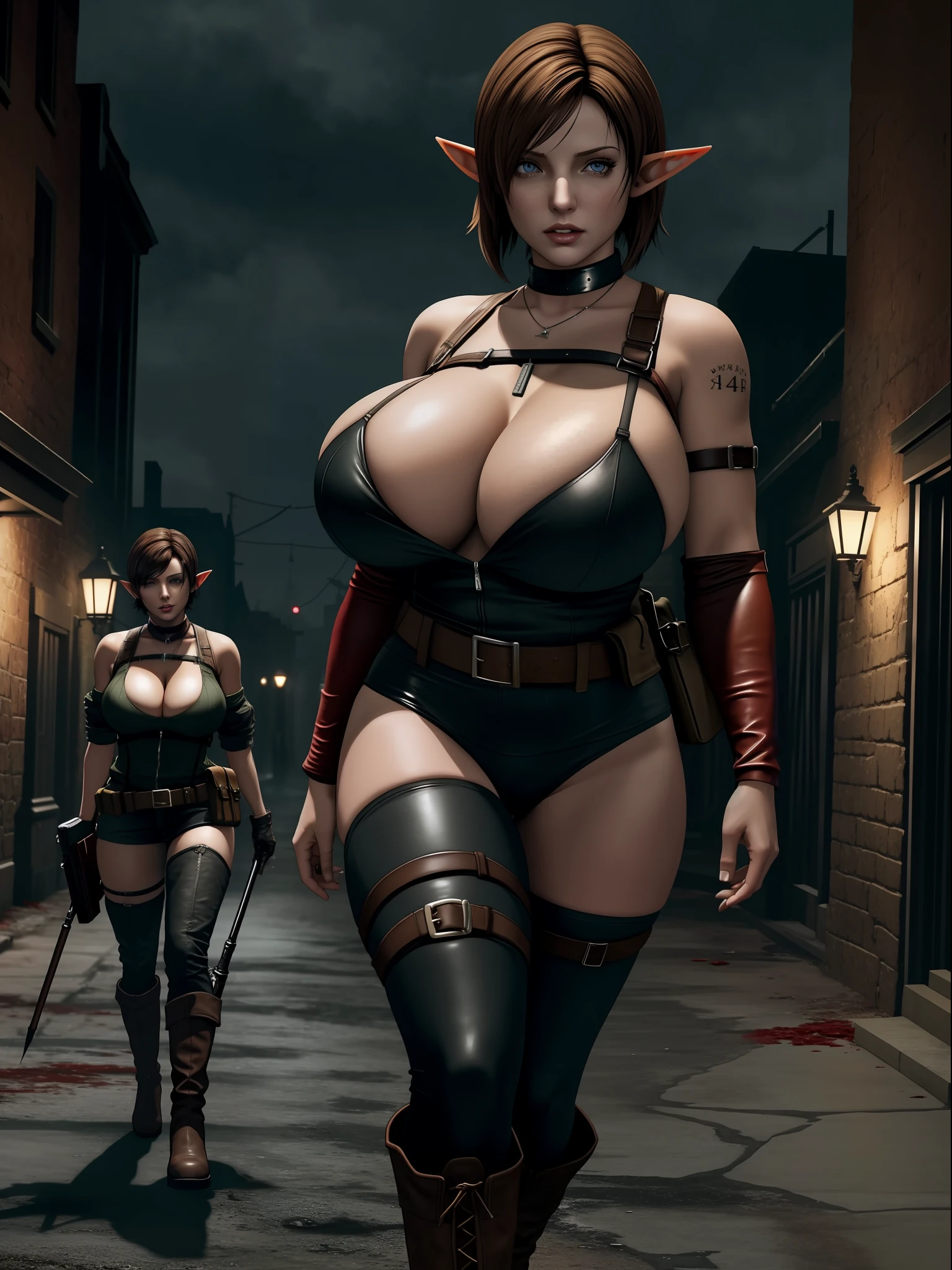 (Resident Evil 4:1.5), (full body photo), (An elf woman:1.5), (she has gigantic breasts:1.9), (She's in Resident Evil 4+Leon's clothes extremely tight on her body:1.4), (she's walking in a night town full of zombies:1.5), (she has short brown hair:1.3), (she's having blue eyes:1.3), (she's doing poses+for the viewer+holding an armada), Hyperrealism, 16k, best quality, high details, UHD