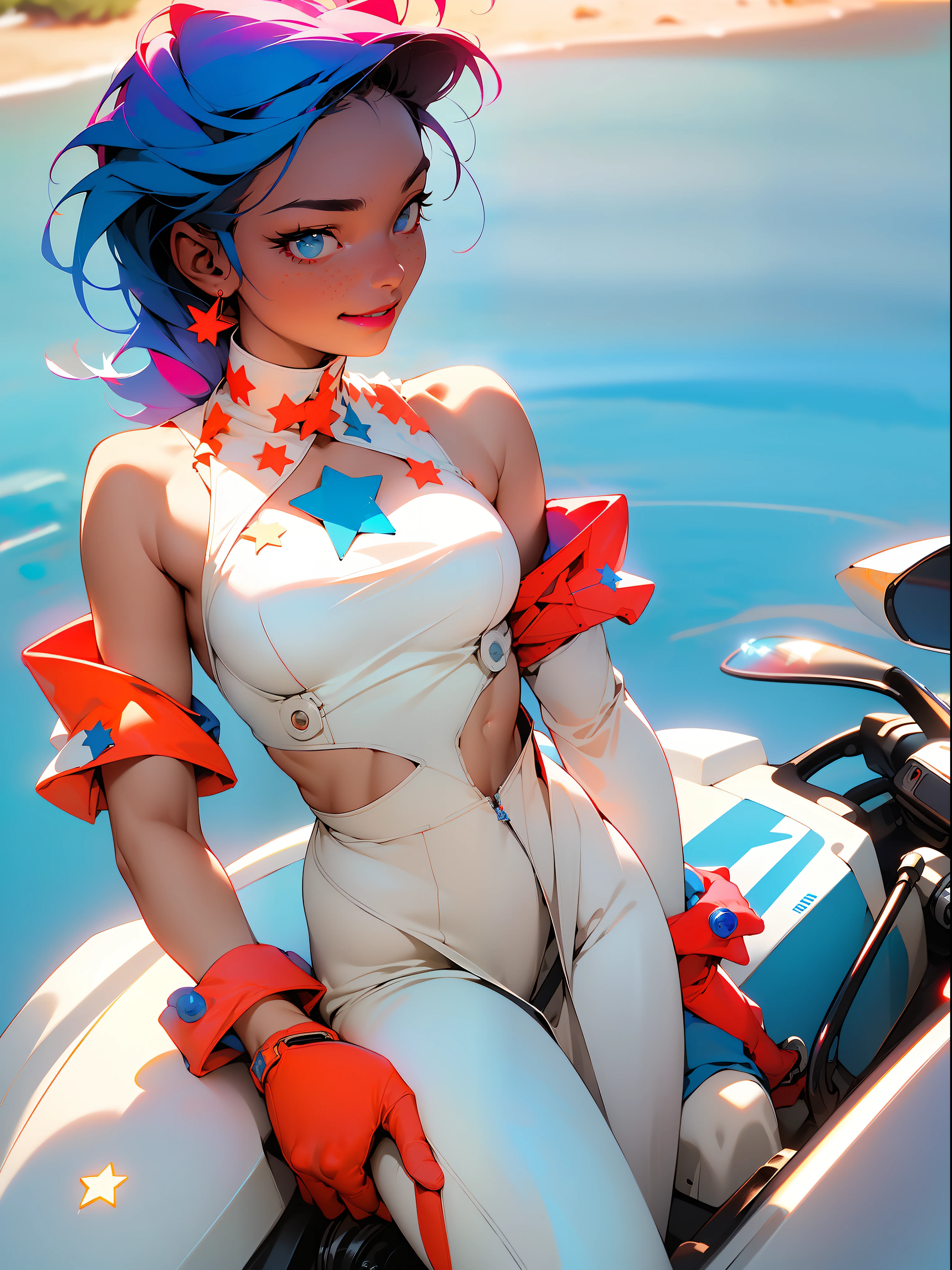 ((Best quality)), ((masterpiece)), (detailed: 1.4), (Absurd), girl car driver, light-skinned with micro bikini, inside a blue and orange race car, she smiles and waves to the audience, neon style Genesis evangelion outfit, ((((red and white bands and blue arms with white stars))), 2 piece clothing, colored hair, tattoo on the arms, cybernetic hand, pastel, centered, scale to fit dimensions, HDR (High Dynamic Range),Ray Tracing,NVIDIA RTX,Super-Resolution,Unreal 5,Subsurface dispersion, PBR texture, Post-processing, Anisotropic filtering, Depth of field, Maximum clarity and sharpness, Multilayer textures, Albedo and specular maps, Surface shading, Accurate simulation of light-material interaction, Perfect proportions, Octane Render, Two-tone lighting, Wide aperture, Low ISO, White balance, Rule of thirds, 8K RAW, crysisnanosuit