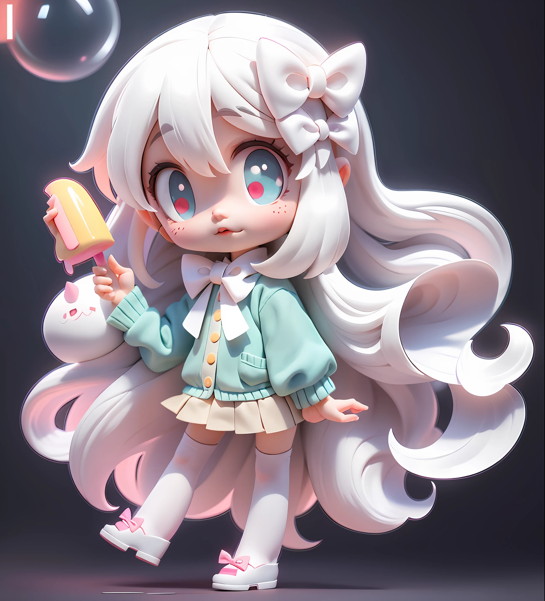 Masterpiece, Best Quality, Official Art, 8k Wallpaper, Very Detailed, Illustration, 1 Girl, White Hair, Beautiful Eyes, Super Cute Girl Full Body 3D Drawing, Good Looking Eyes, Big Eyes, Cute, Happy, C4D, Pop Matt Blind Box, Glow Bubble, Toy, Solid Color Background, Chibi, Fluorescent Translucence, Glow Body, Kawaii, Doll, Pop Mart Blind Box, Pixar, Intricate Details, 3D Rendering, Blender, OC Renderer, Fol Body reference sheet,dribble,high details,8k,studio lighting,,petite,child,chibi ,