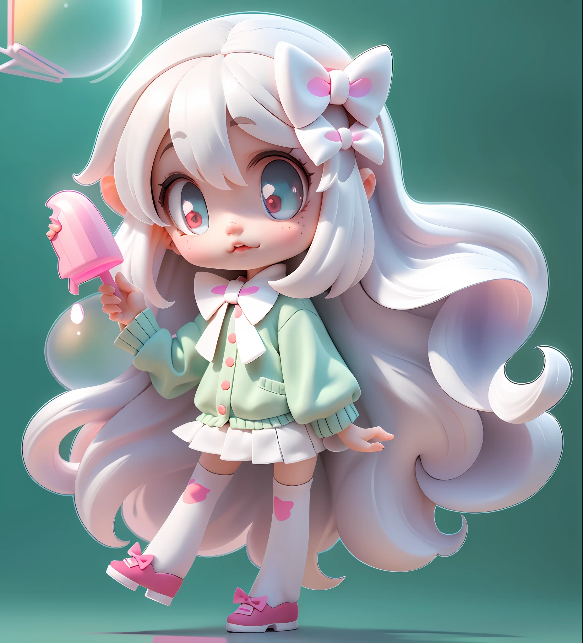 Masterpiece, Best Quality, Official Art, 8k Wallpaper, Very Detailed, Illustration, 1 Girl, White Hair, Beautiful Eyes, Super Cute Girl Full Body 3D Drawing, Good Looking Eyes, Big Eyes, Cute, Happy, C4D, Pop Matt Blind Box, Glow Bubble, Toy, Solid Color Background, Chibi, Fluorescent Translucence, Glow Body, Kawaii, Doll, Pop Mart Blind Box, Pixar, Intricate Details, 3D Rendering, Blender, OC Renderer, Fol Body reference sheet,dribble,high details,8k,studio lighting,loli,petite,child,chibi ,