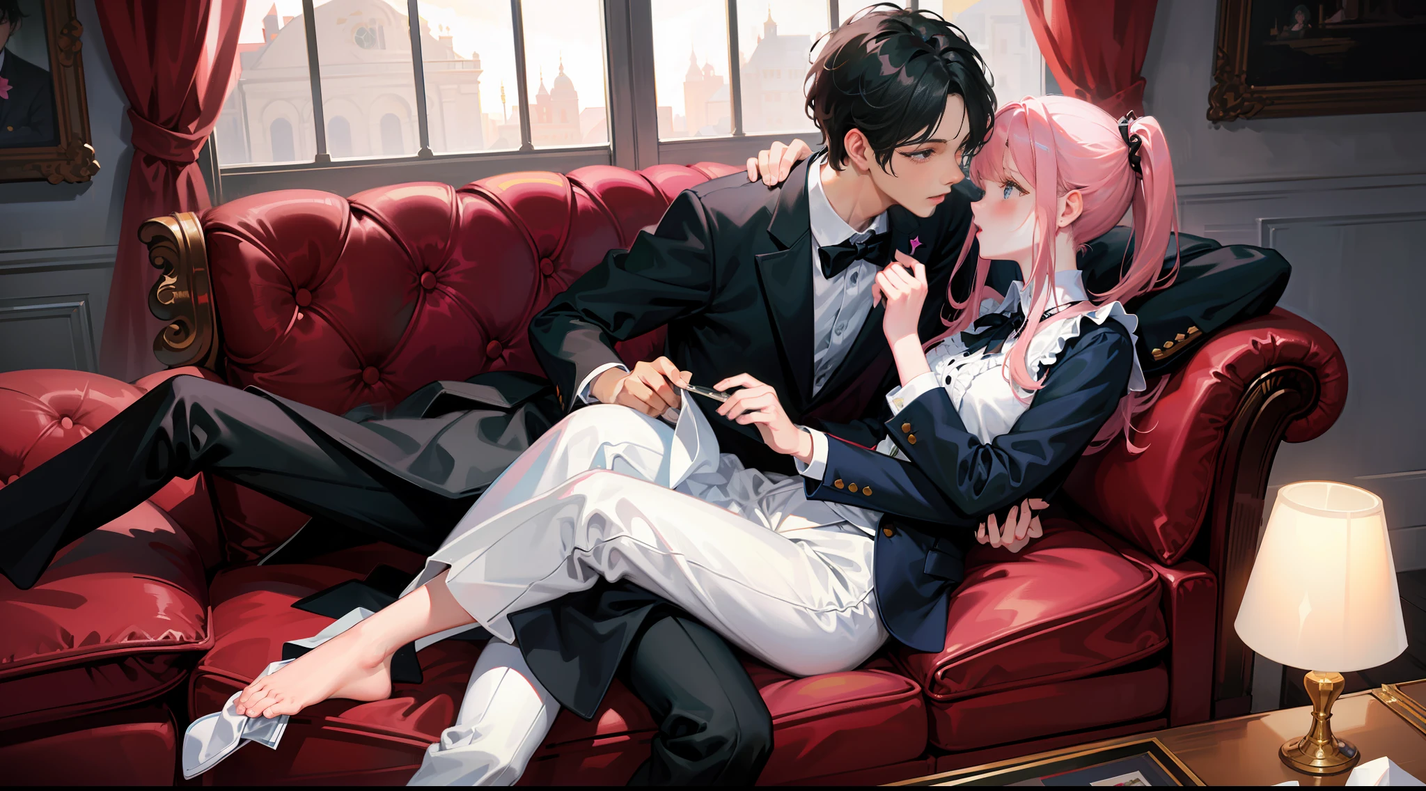 masterpiece, best quality, super detailed, illustration, beautiful detailed eyes, close up, a girl and a boy on the sofa, girl pink hair white skirt, boy black hair and black suit clothes pants, girl and boy kissing on sofa