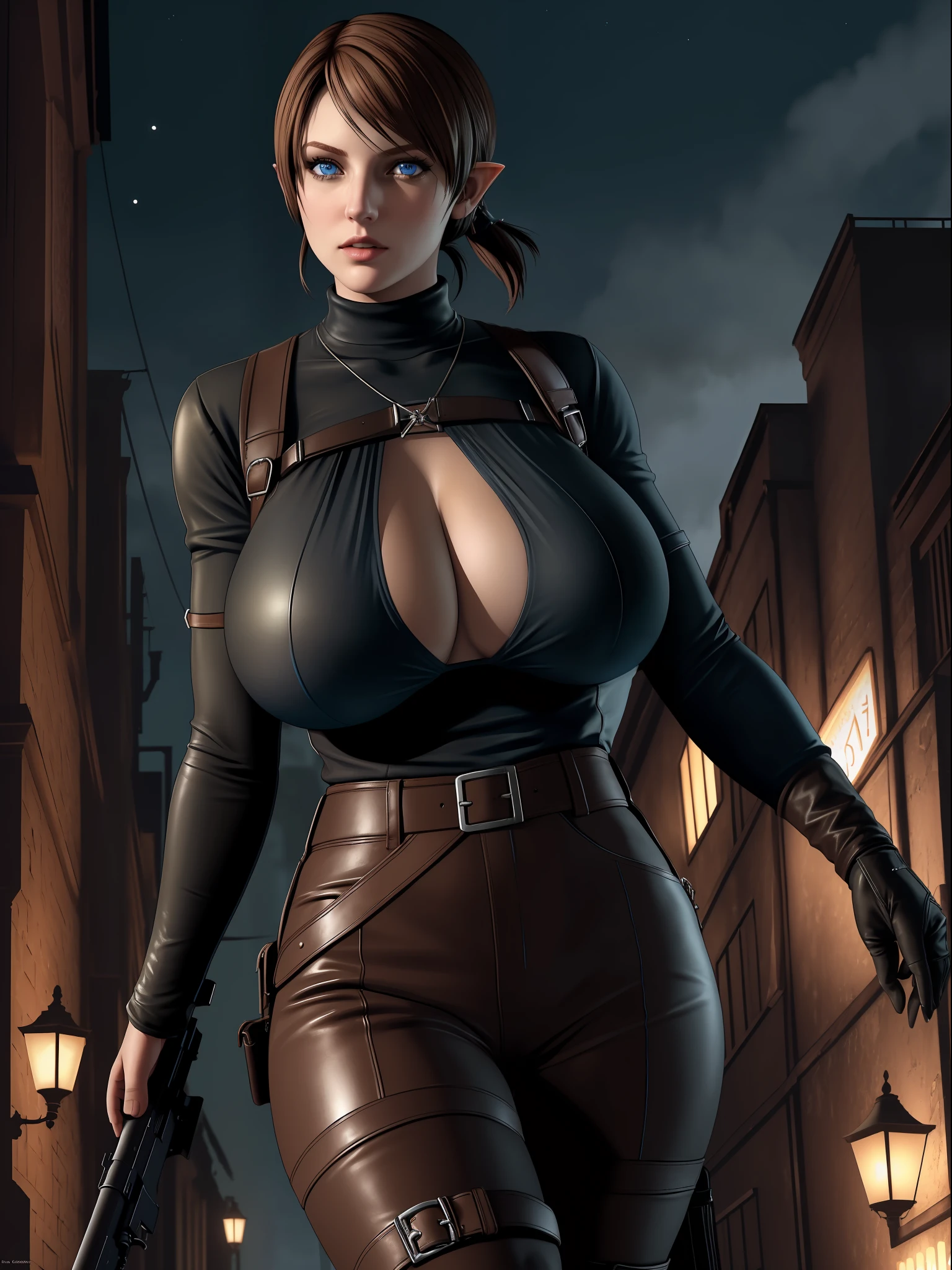 (Resident Evil 4:1.5), (full body photo), (An elf woman and several zunbis in the background:1.5 ), (she has gigantic breasts:1.9), (She's in the clothes of Resident Evil 4+ Leon with black T-shirt+brown leather chorte+extremely tight on body:1.4), (she's walking in a night town crowded with zombies:1.5), (she has short brown hair:1.3),  (she has blue eyes:1.3), (she's doing poses+for the viewer+holding an armada), Hyperrealism, 16k, best quality, high details, UHD