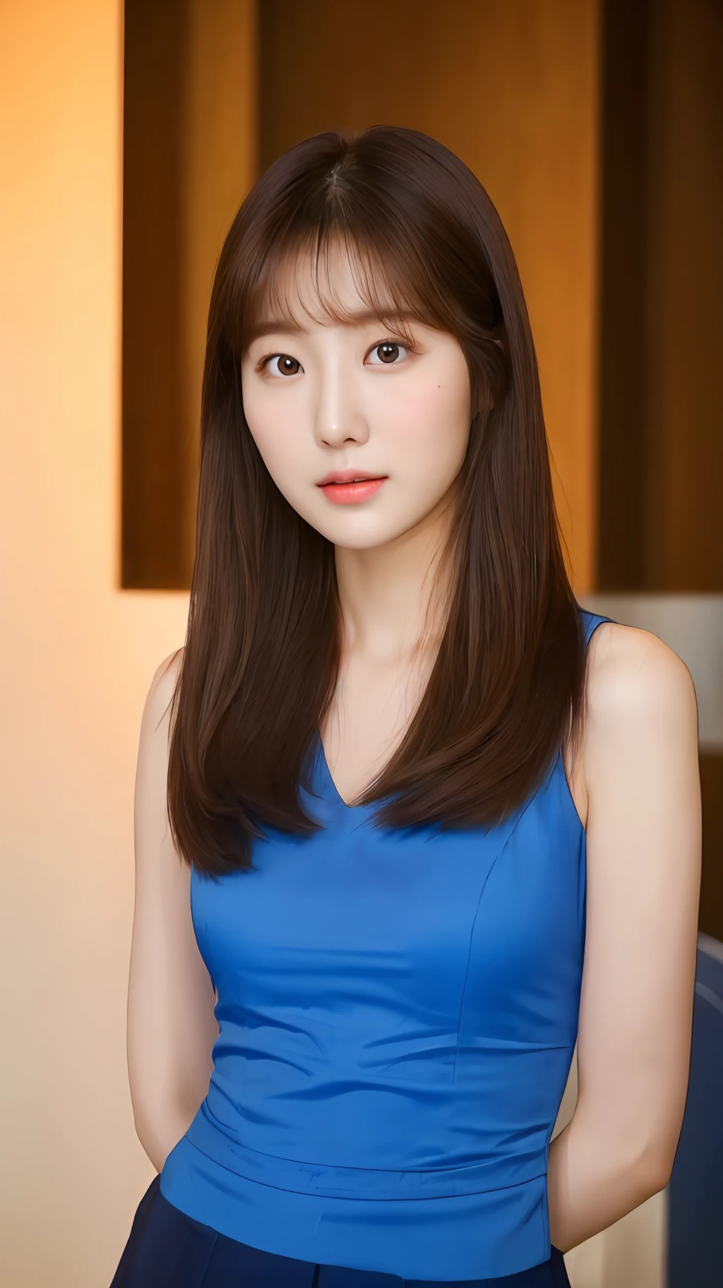 arafed asian woman with long hair and a blue top, beautiful young korean woman, beautiful south korean woman, gorgeous young korean woman, korean girl, korean woman, portrait of female korean idol, young adorable korean face, jaeyeon nam, young cute wan asian face, korean symmetrical face, korean women's fashion model, beautiful asian girl