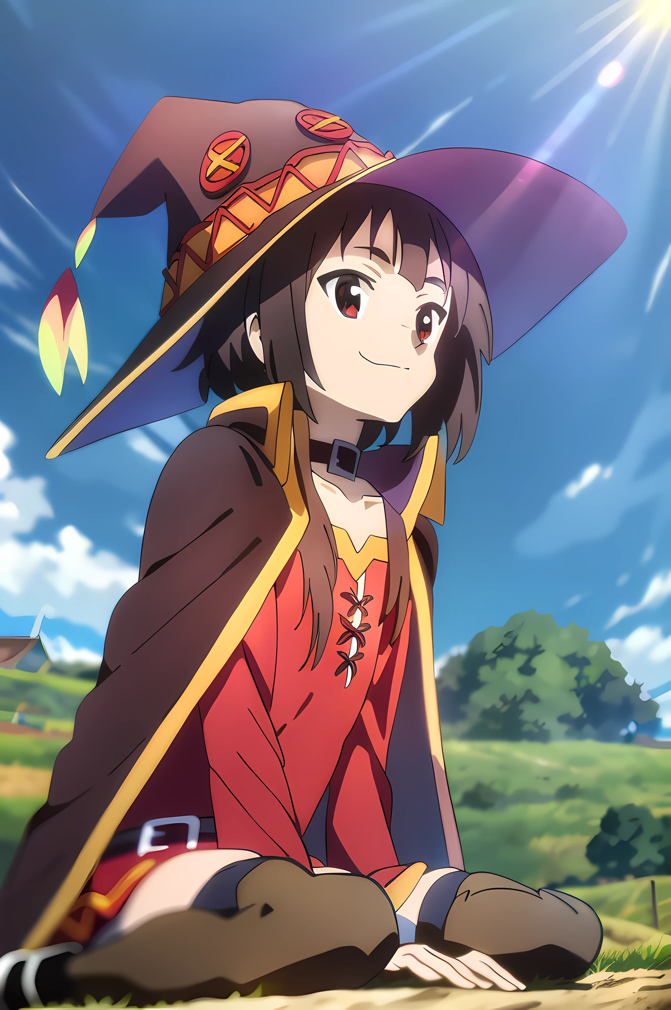 field; farm; Megumin, sitting on ground, looking up, sky, smiling, crimson dress, cape, witch hat; sunlight; masterpiece;