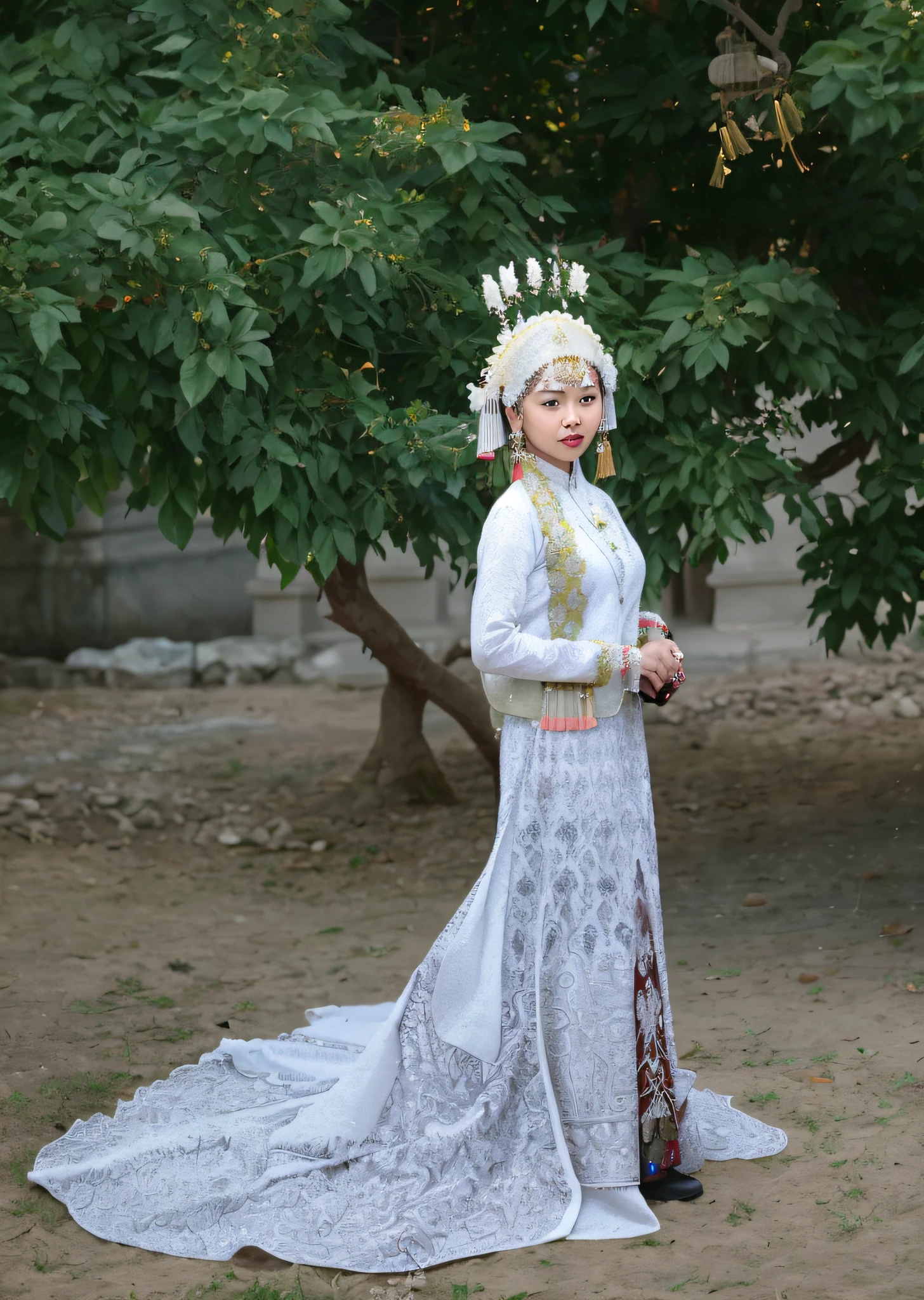 there is a woman in a white dress and a hat posing for a picture, traditional dress, traditional beauty, wearing ornate clothing, ornate attire, traditional clothes, traditional costume, traditional clothing, inspired by Tang Di, ao dai, by Basuki Abdullah, wearing traditional garb, traditional, wearing an ornate outfit, ancient white dress, wearing authentic attire, dressed in ornate